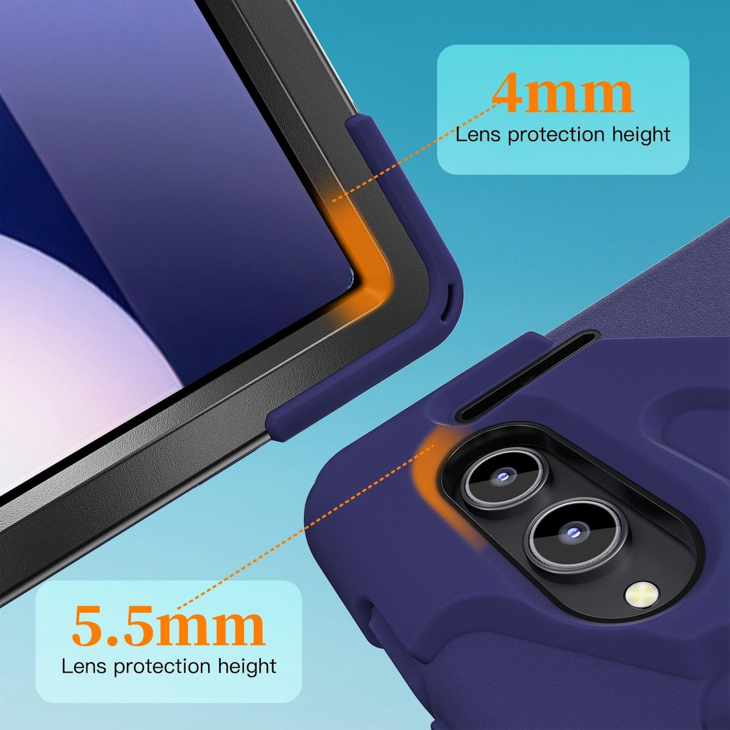 Primer plano de una funda de teléfono. La funda es azul y negra, con texto naranja que indica la altura de protección de la lente de 4 mm y 5,5 mm.