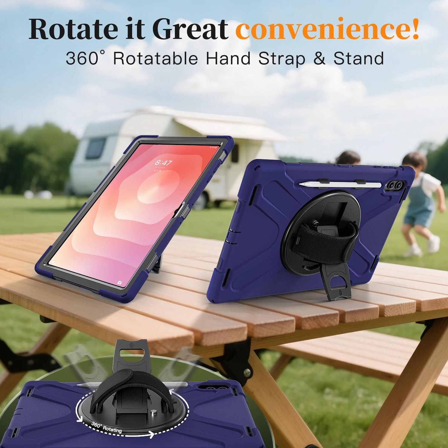 Tabletas en fundas azules sobre una mesa de madera. Texto: ¡Gira con gran comodidad! Correa de mano y soporte giratorios 360°. Niños jugando atrás.