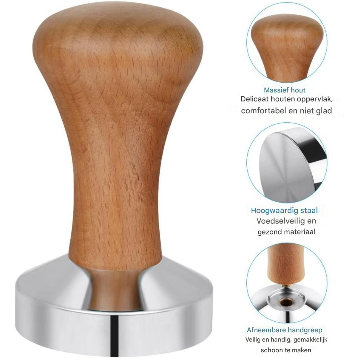 Kaffeetampfer mit Holzgriff und silberner Basis. Der Griff ist braun, die Basis glänzend. Nahaufnahmen von Details werden ebenfalls gezeigt.