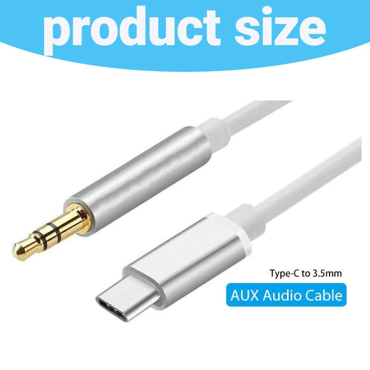 Ein weißes AUX-Audiokabel. Ein Ende ist ein Typ-C-Anschluss, das andere ein 3,5-mm-Klinkenstecker. Text: 'Produktgröße' und 'Typ-C zu 3,5mm'.