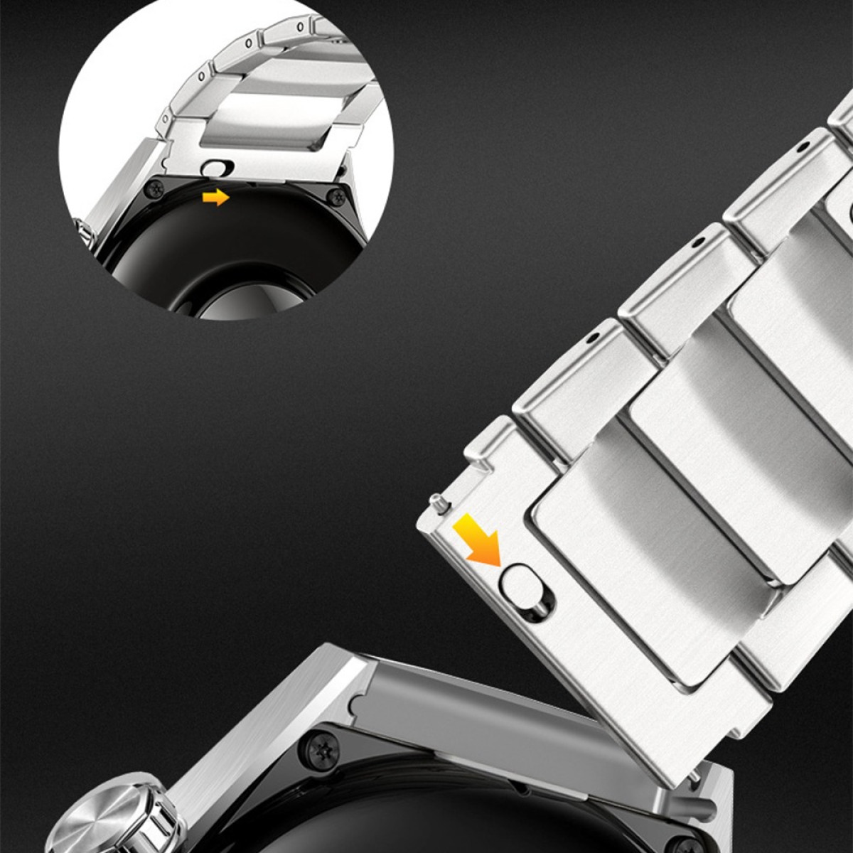 Nahaufnahme eines silbernen Uhrenarmbands mit einem orangefarbenen Pfeil, der den Auslösemechanismus anzeigt. Der Hintergrund ist dunkel.