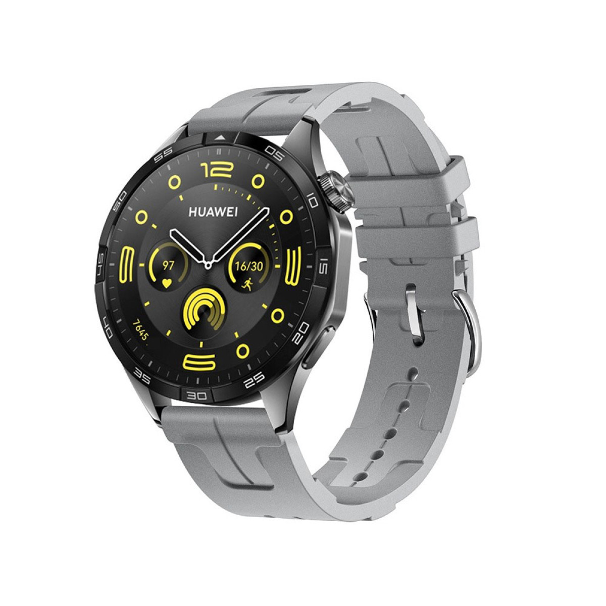 Uno smartwatch Huawei con cinturino grigio. Il quadrante è nero con dettagli gialli, mostrando l'ora e i dati di fitness.