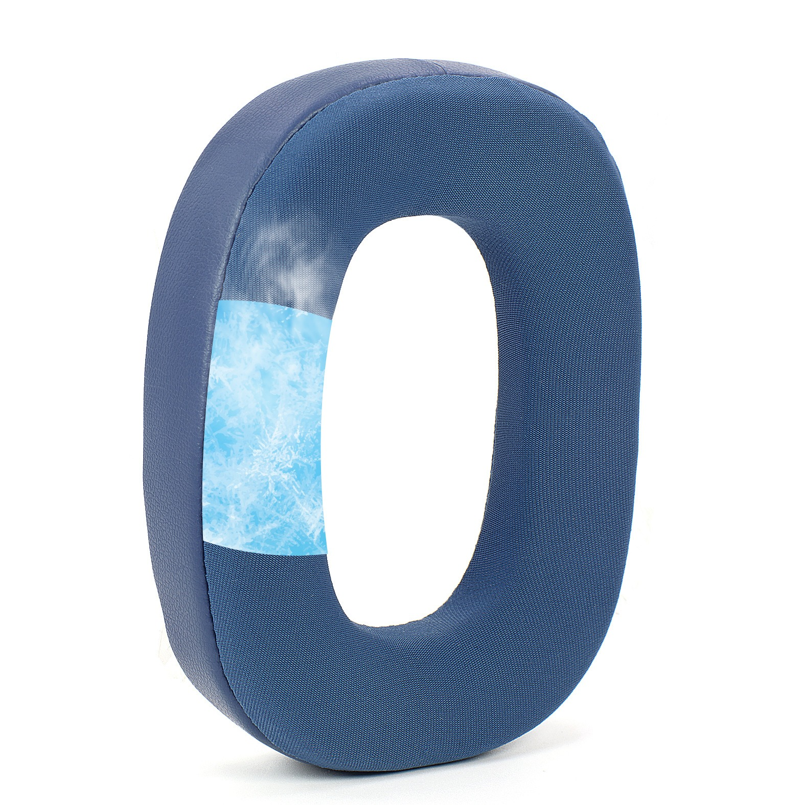 A blue, ring-shaped ear cushion with a cooling effect design. White background.