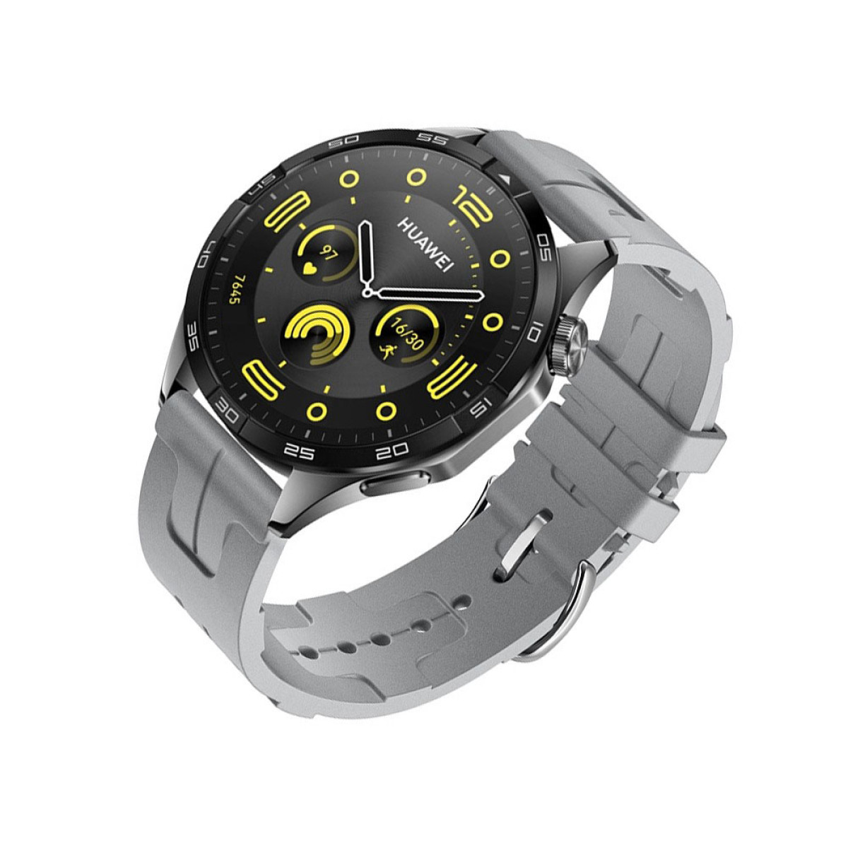 Uno smartwatch Huawei con quadrante nero e cinturino grigio. L'orologio mostra l'ora e le metriche di salute. Il cinturino è grigio.
