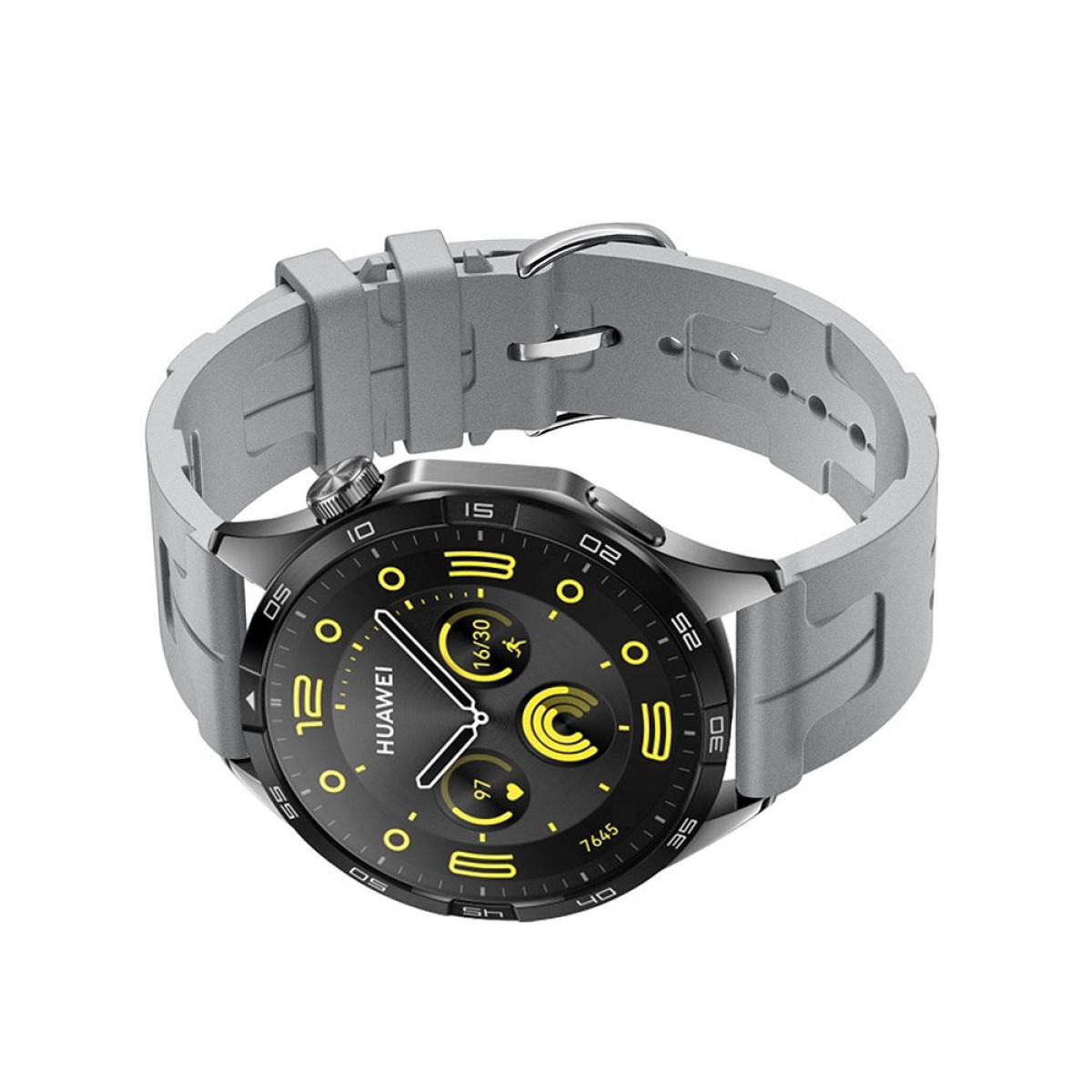 Uno smartwatch Huawei con cinturino grigio. Il quadrante è nero con accenti gialli, che mostra l'ora e le metriche di salute.