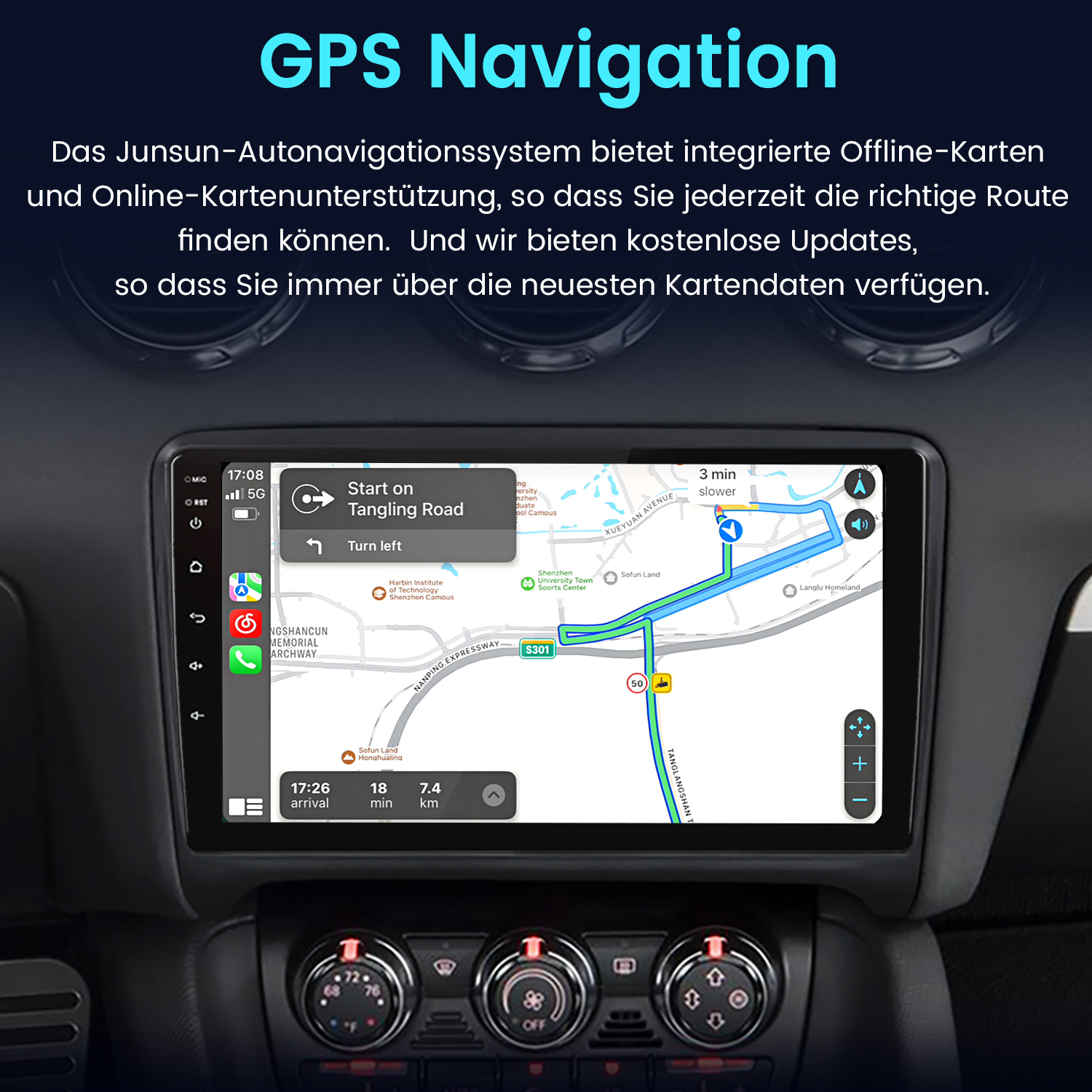 Auto-GPS-Navigationssystem zeigt eine Karte mit Routenführung. Der Bildschirm befindet sich im Inneren eines Autos.