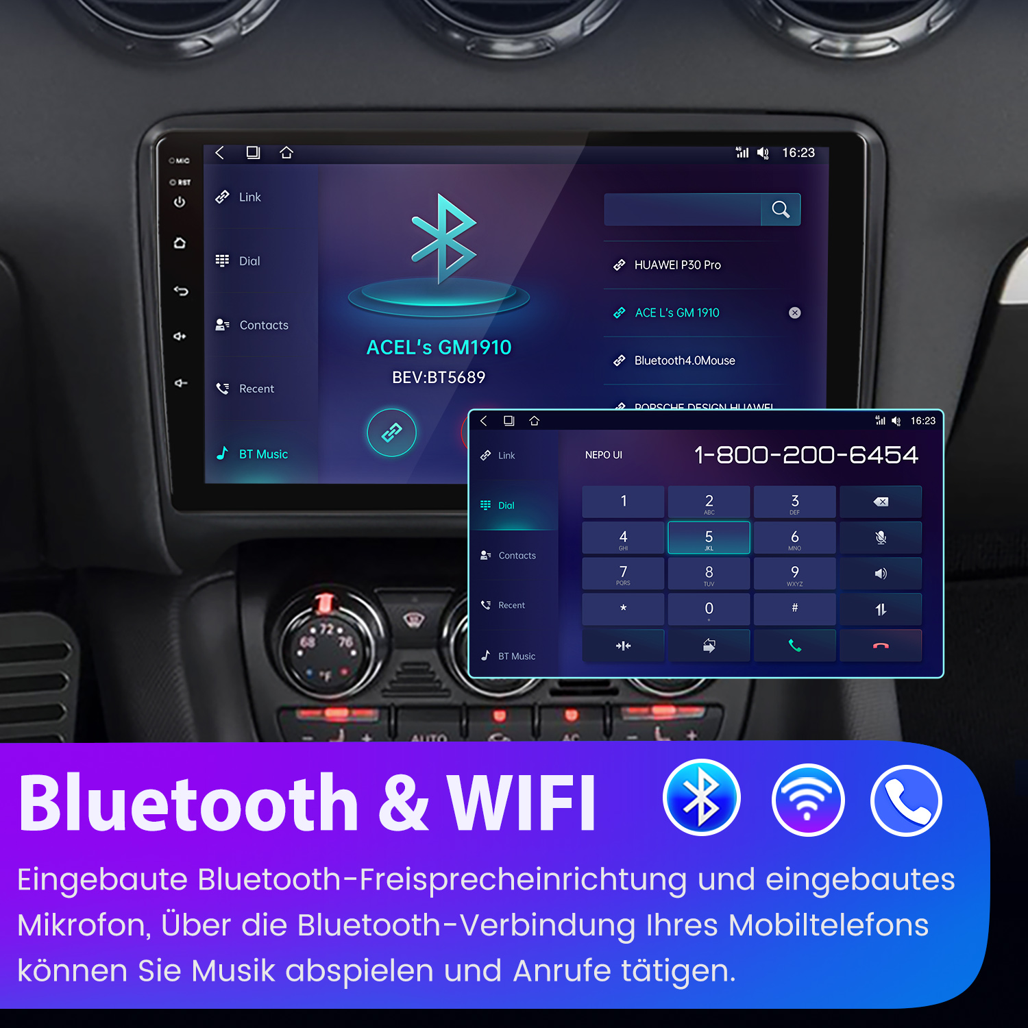 Auto-Touchscreen mit Bluetooth-Einstellungen, Wählgerät und Verbindungsoptionen. Text: Bluetooth & WIFI. Symbole: Bluetooth, WIFI, Telefon.
