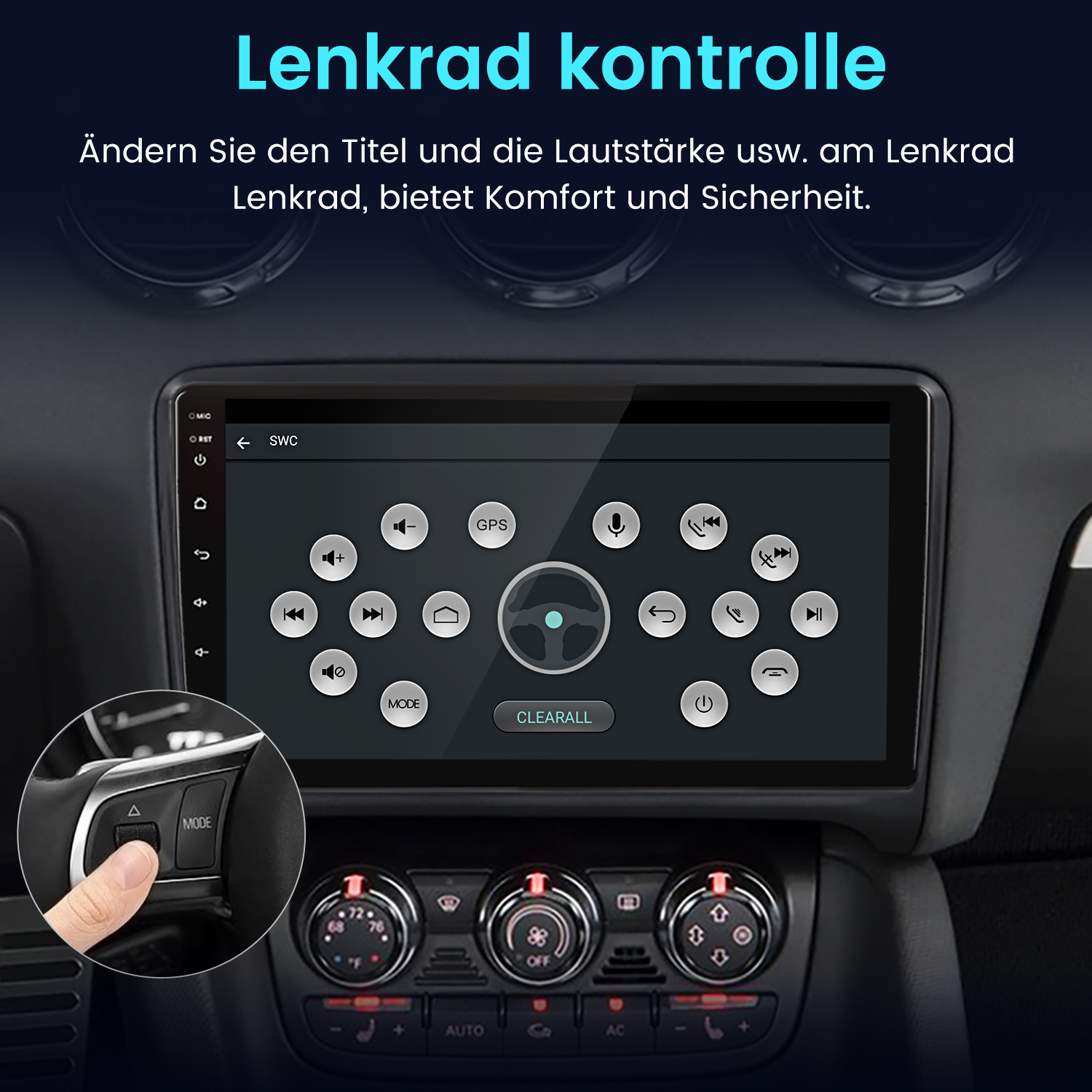 Auto-Multimedia-System mit Touchscreen und Lenkradsteuerung. Enthält Tasten und einen Finger, der eine MODE-Taste drückt.