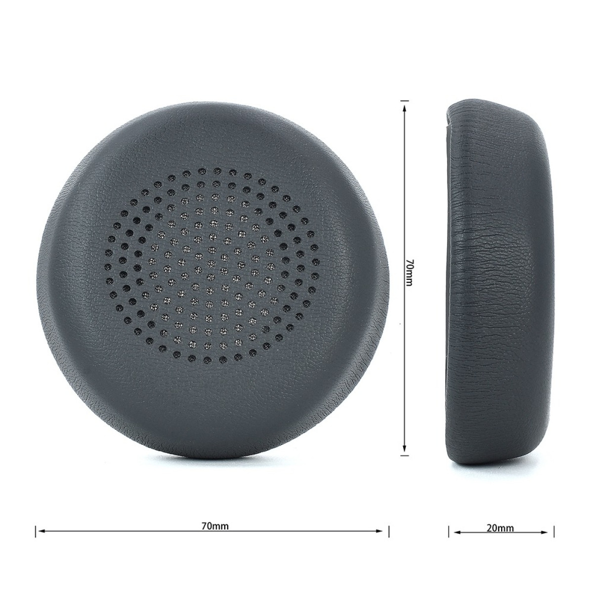 Due cuscinetti auricolari grigi per cuffie, uno visto frontalmente con centro perforato e uno lateralmente. Le dimensioni sono indicate.