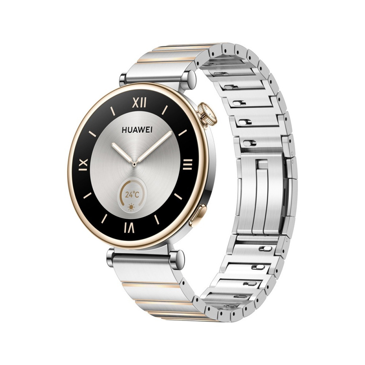 Uno smartwatch Huawei con cinturino in metallo argento e oro. Il quadrante è argento con dettagli neri e mostra l'ora e la temperatura.
