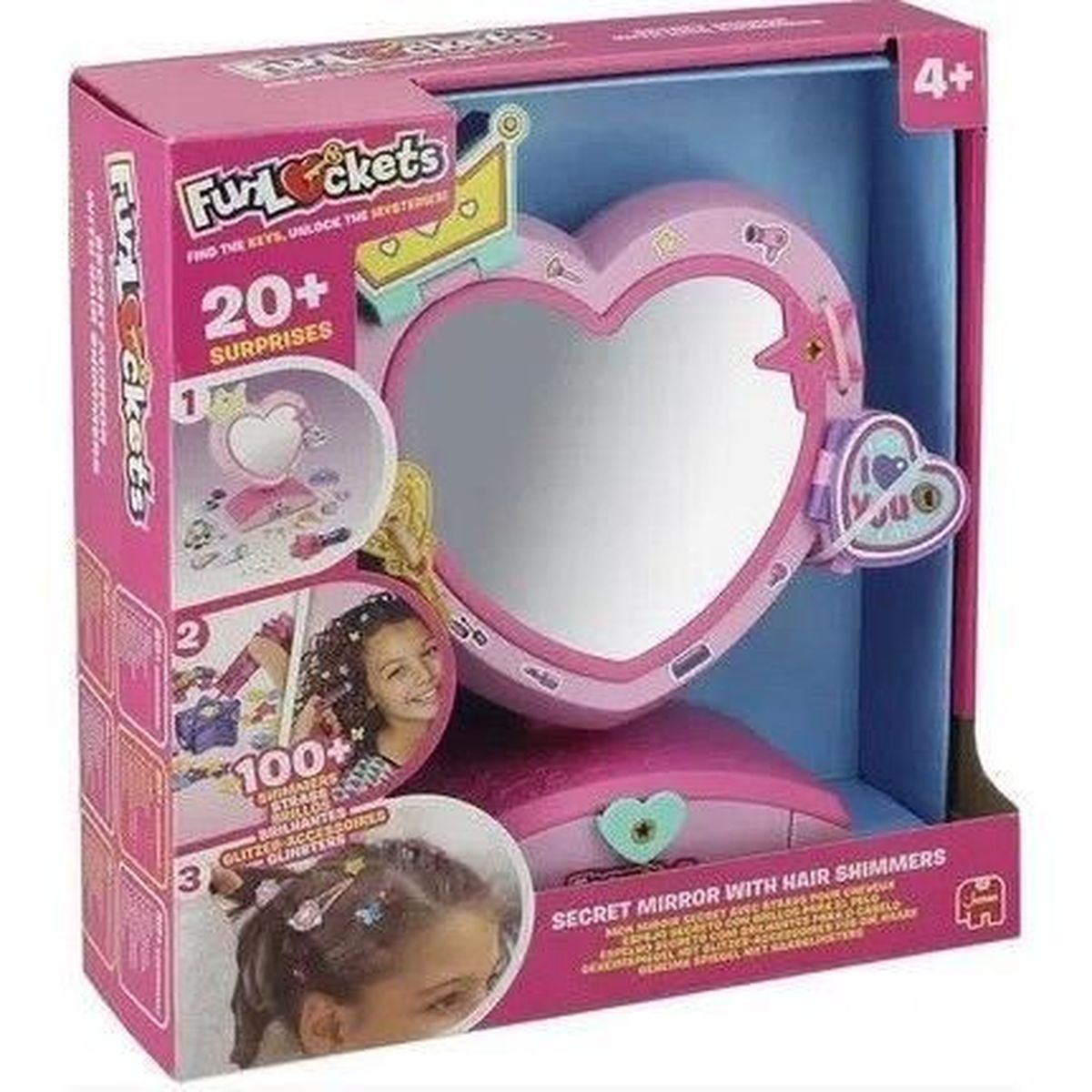 Ein pinkes FunLockets Secret Mirror Spielzeugset mit einem herzförmigen Spiegel. Die Box zeigt ein Mädchen mit Haaraccessoires.