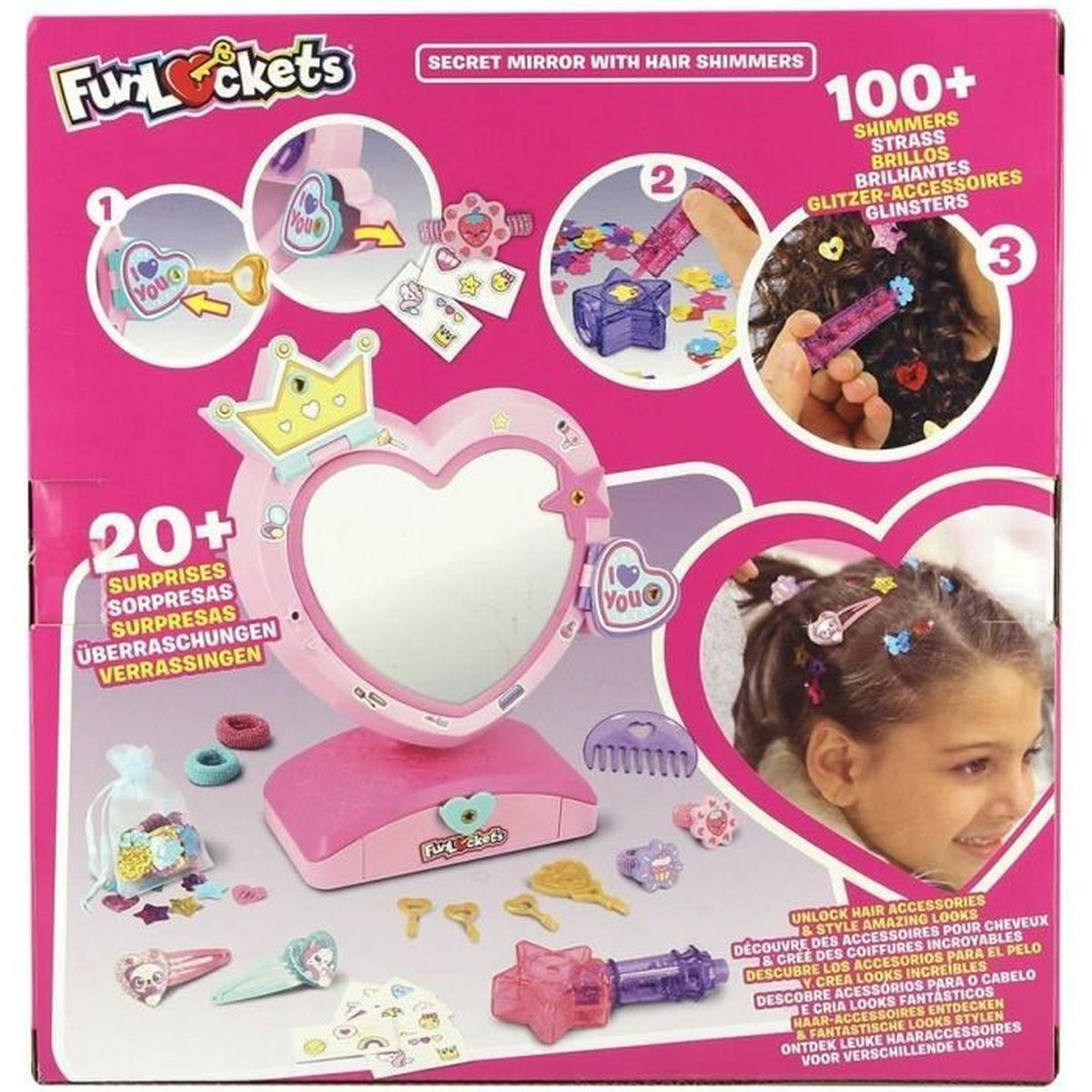 Ein pinkes Fun Lockers-Set mit Spiegel, Haaraccessoires und dem Gesicht eines Mädchens. Text enthält 'Secret Mirror with Hair Shimmers'.