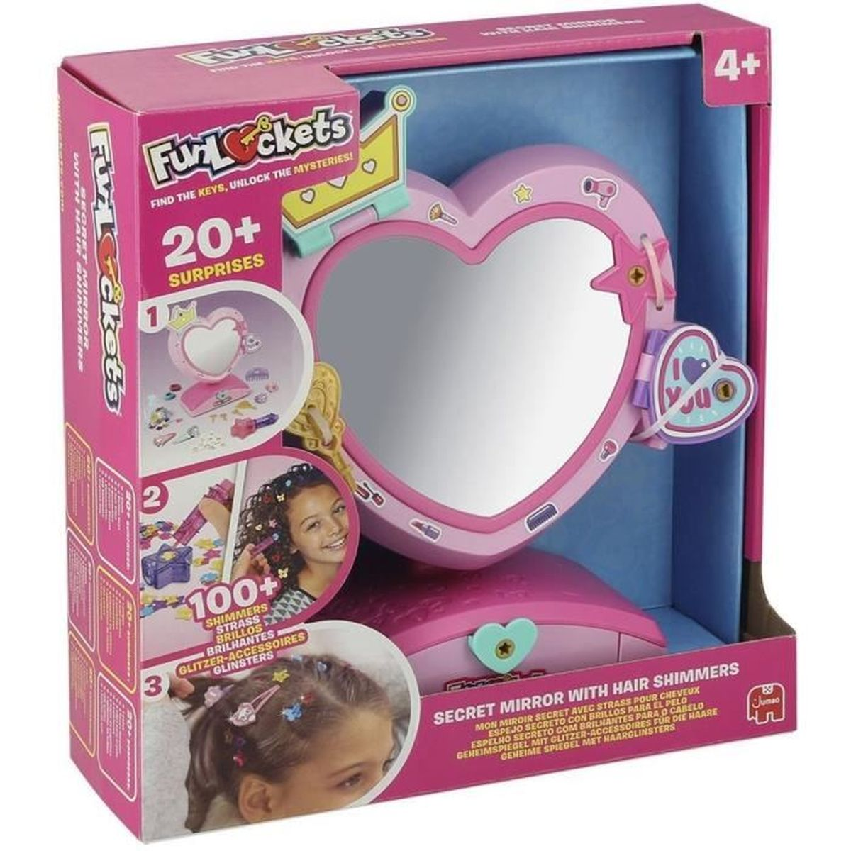 Eine rosa Fun Lockers-Box zeigt einen herzförmigen Spiegel mit Haaraccessoires. Die Box zeigt Bilder eines Mädchens mit glitzerndem Haar.