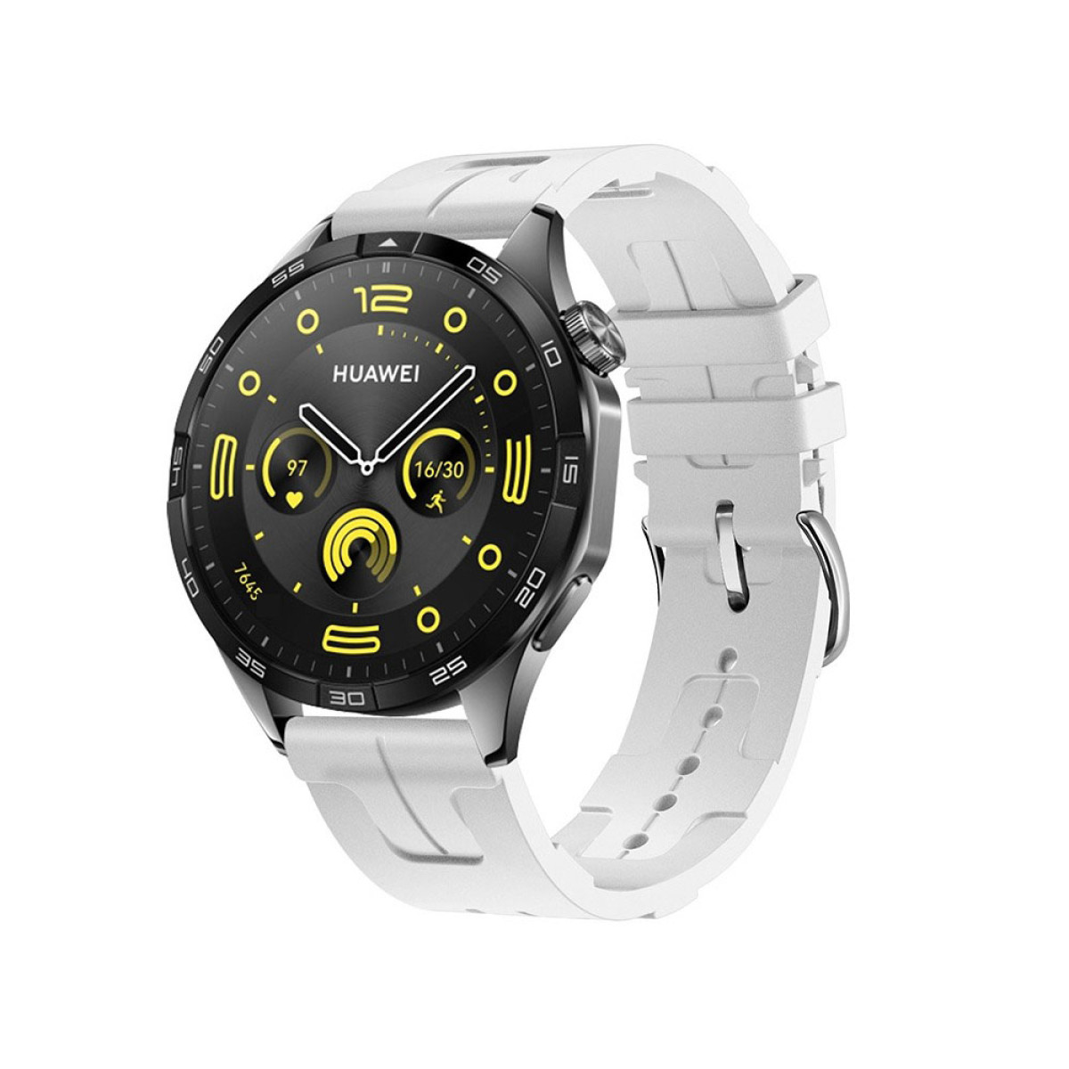 Uno smartwatch Huawei con quadrante nero e cinturino bianco. L'orologio mostra l'ora, i passi e la data. Il quadrante ha dettagli gialli.