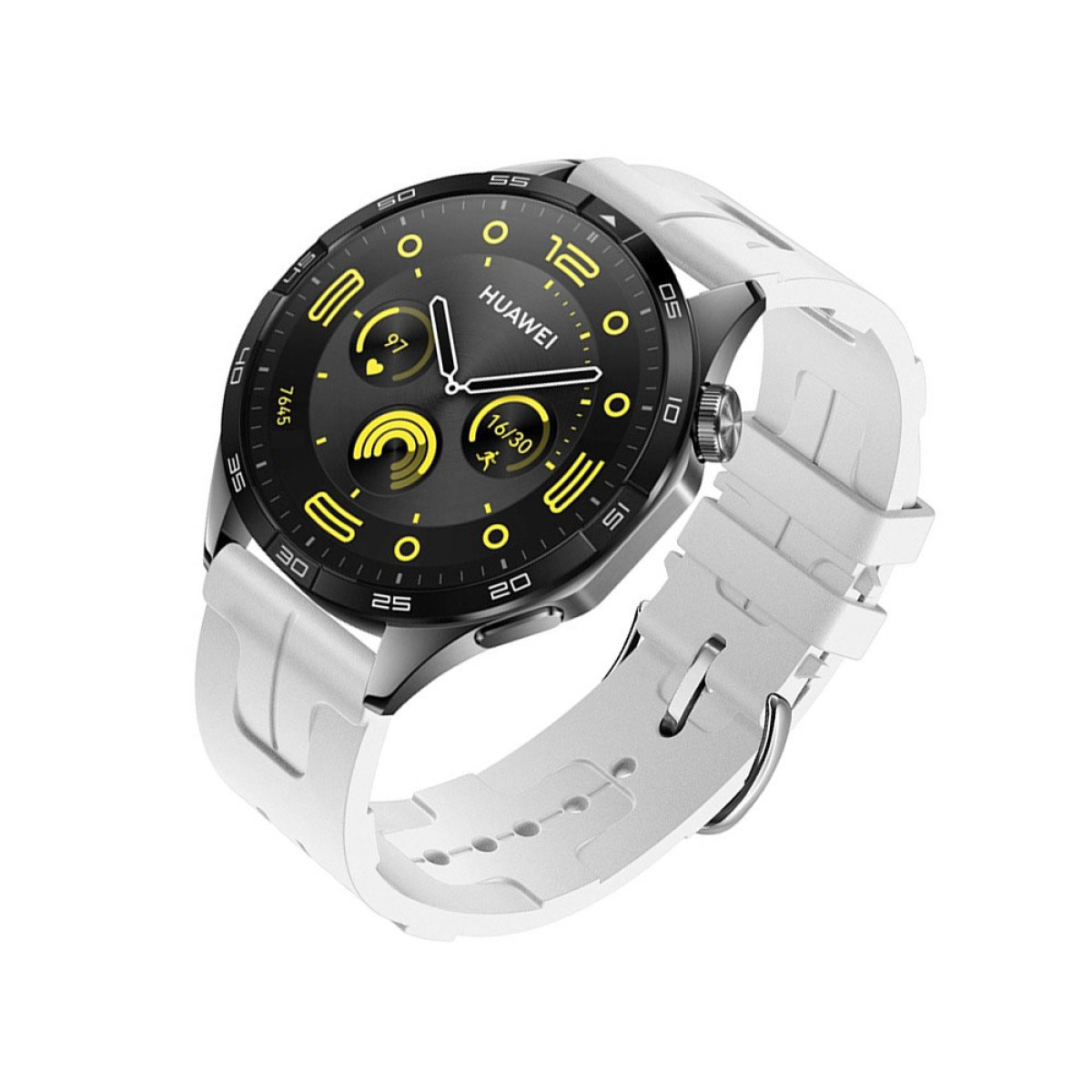 Uno smartwatch Huawei con quadrante nero e cinturino bianco. Mostra l'ora, le statistiche e dettagli gialli. Lo sfondo è bianco.