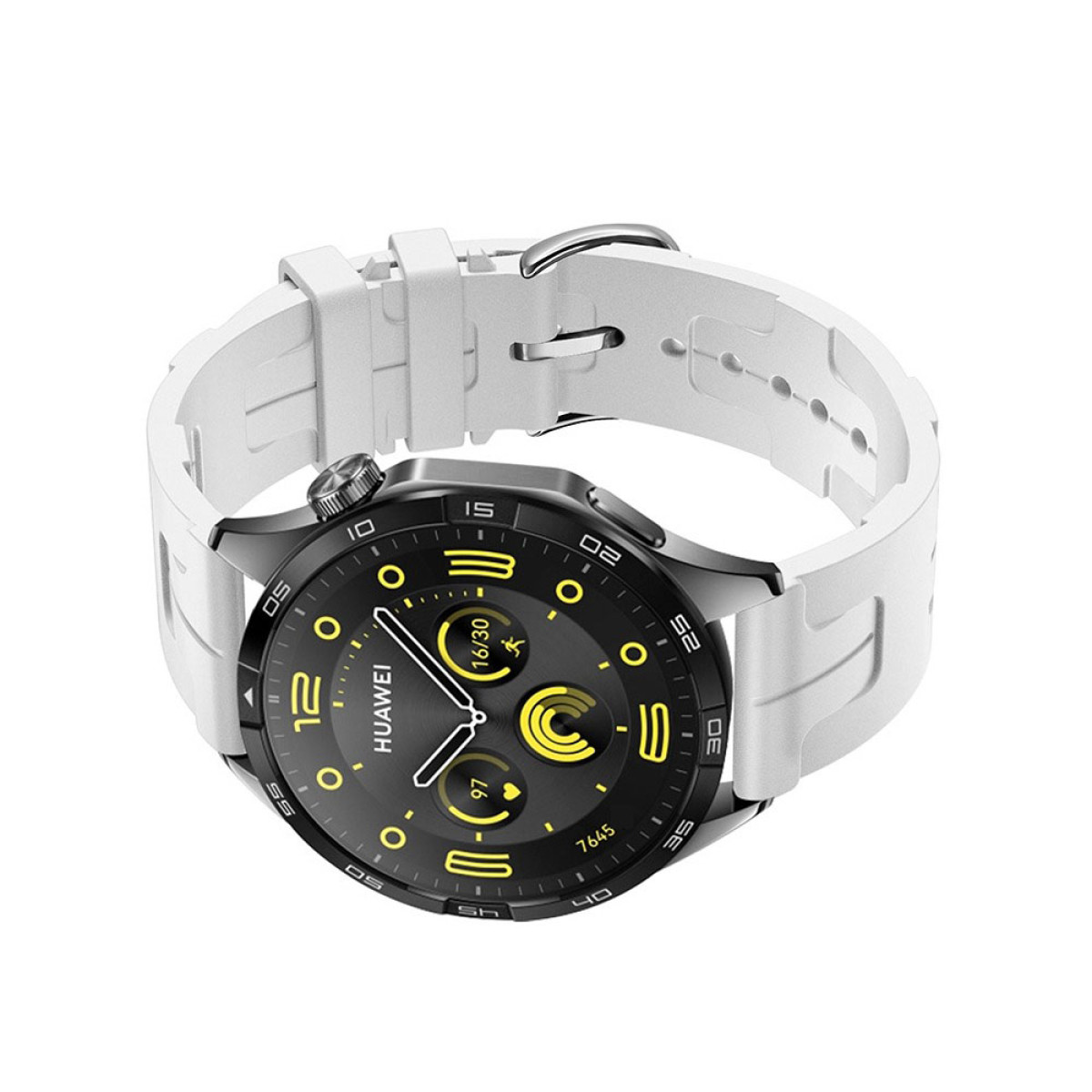 Uno smartwatch Huawei bianco con schermo nero. L'orologio ha un cinturino bianco e una fibbia argentata. Lo sfondo è bianco.