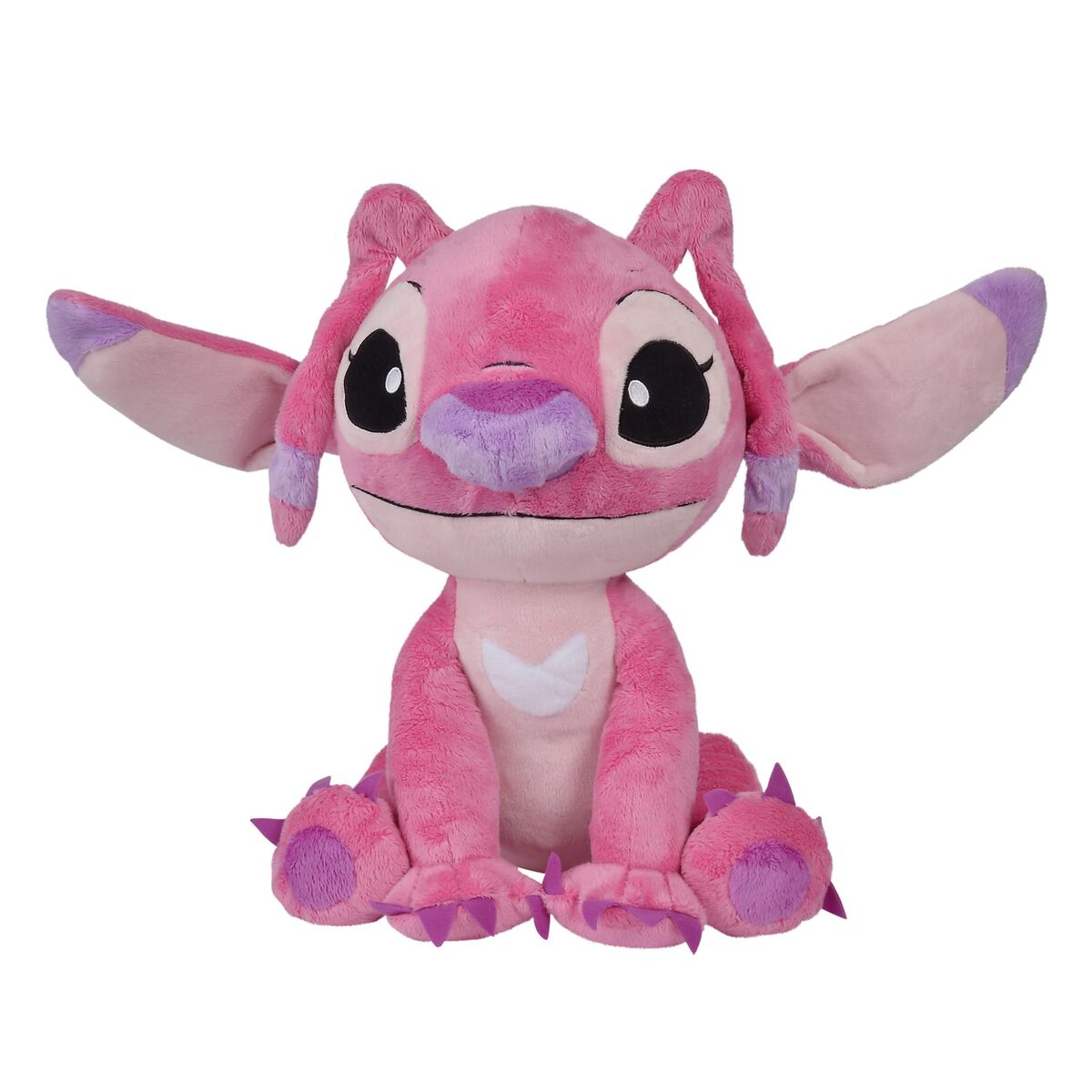 Un peluche rosa de Angel de Lilo & Stitch. Tiene ojos negros grandes, nariz, orejas y pies morados. Postura sentada.