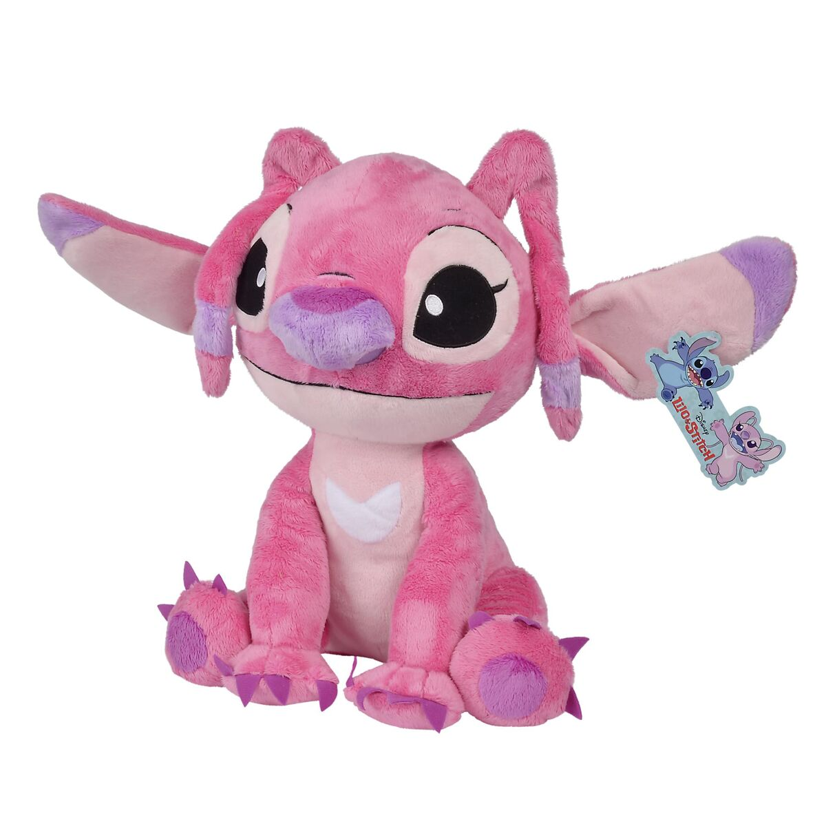 Un peluche rosa de Angel con orejas grandes, nariz morada y ojos negros, sentado con una etiqueta de Disney.