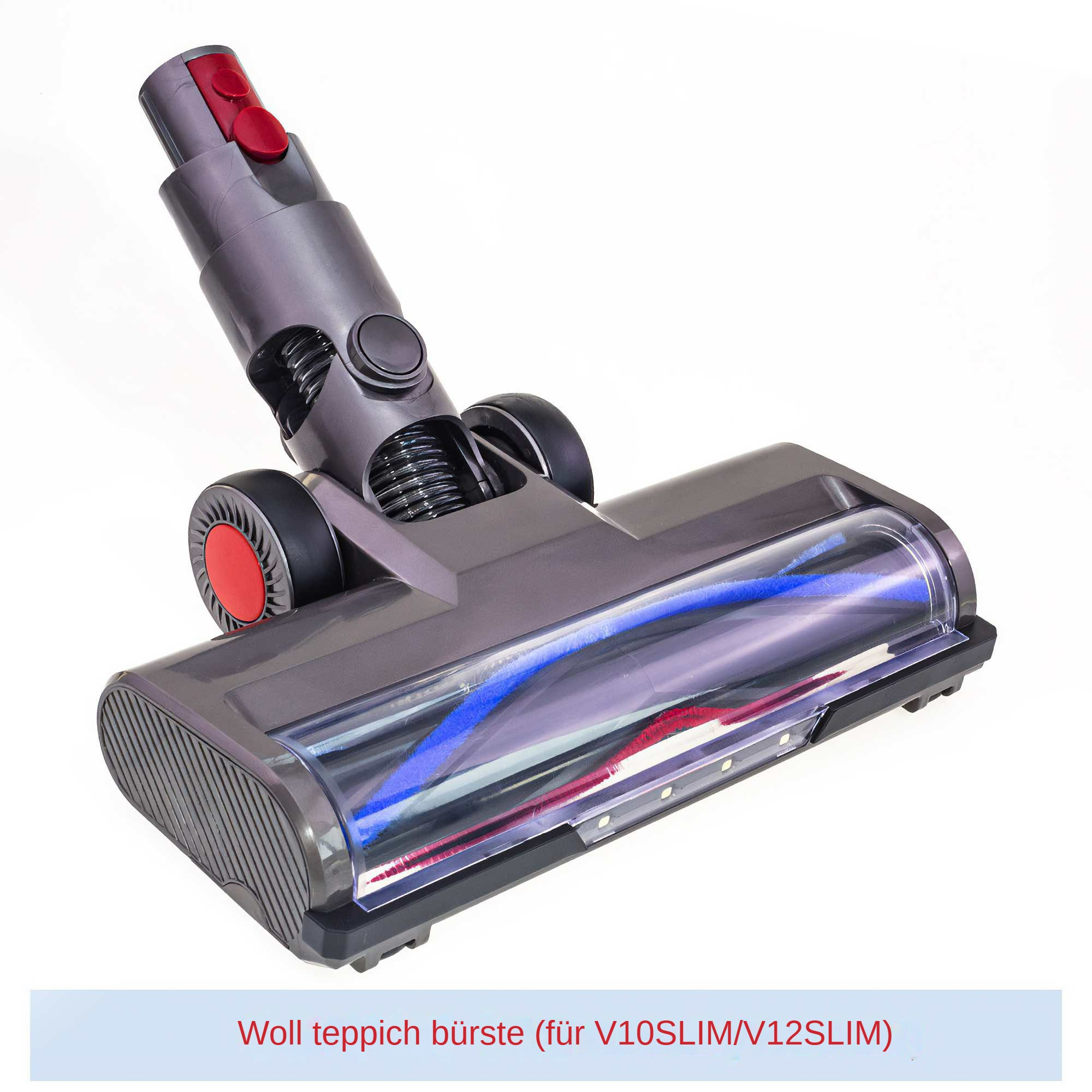 Ein grauer Staubsaugerkopf mit roten und blauen Bürsten. Es hat rote Knöpfe und Räder. Weißer Hintergrund.