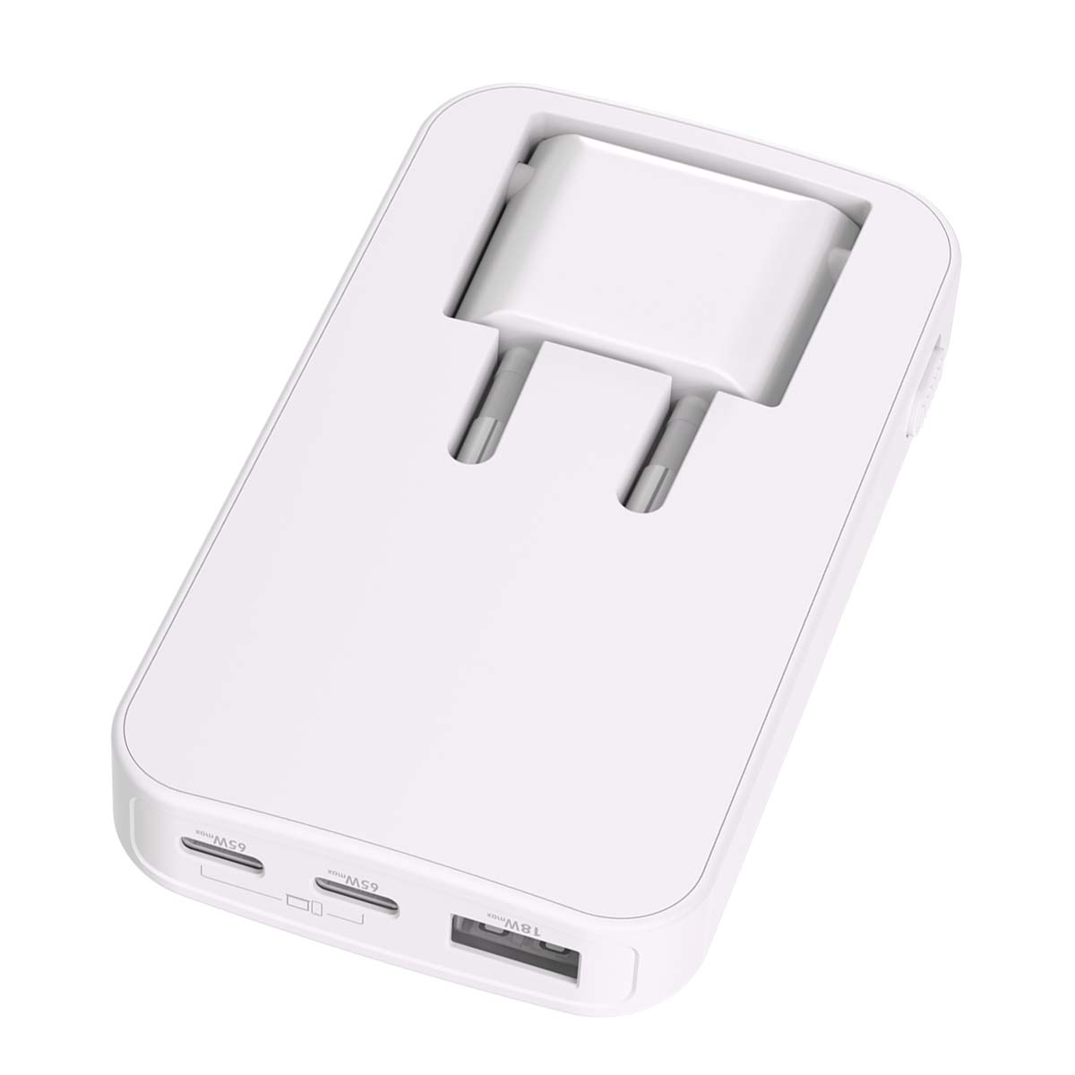 Un adattatore di alimentazione bianco con spina integrata e porte USB. Ha una forma rettangolare con angoli arrotondati.