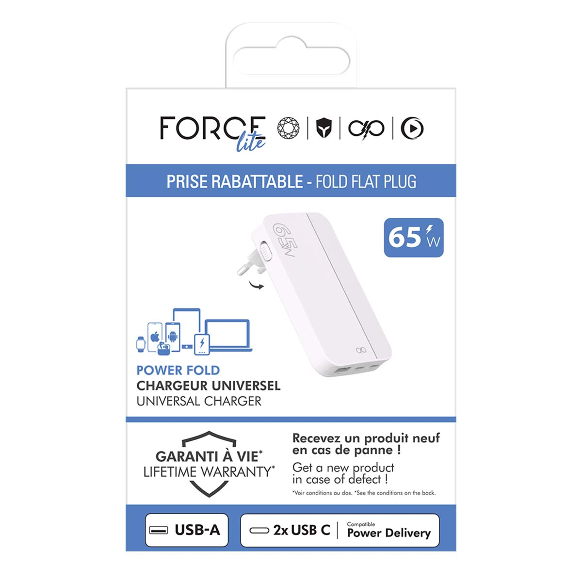 Un caricabatterie bianco con spina piatta pieghevole. È etichettato come universale e ha una garanzia a vita. Sono presenti porte USB e USB-C.