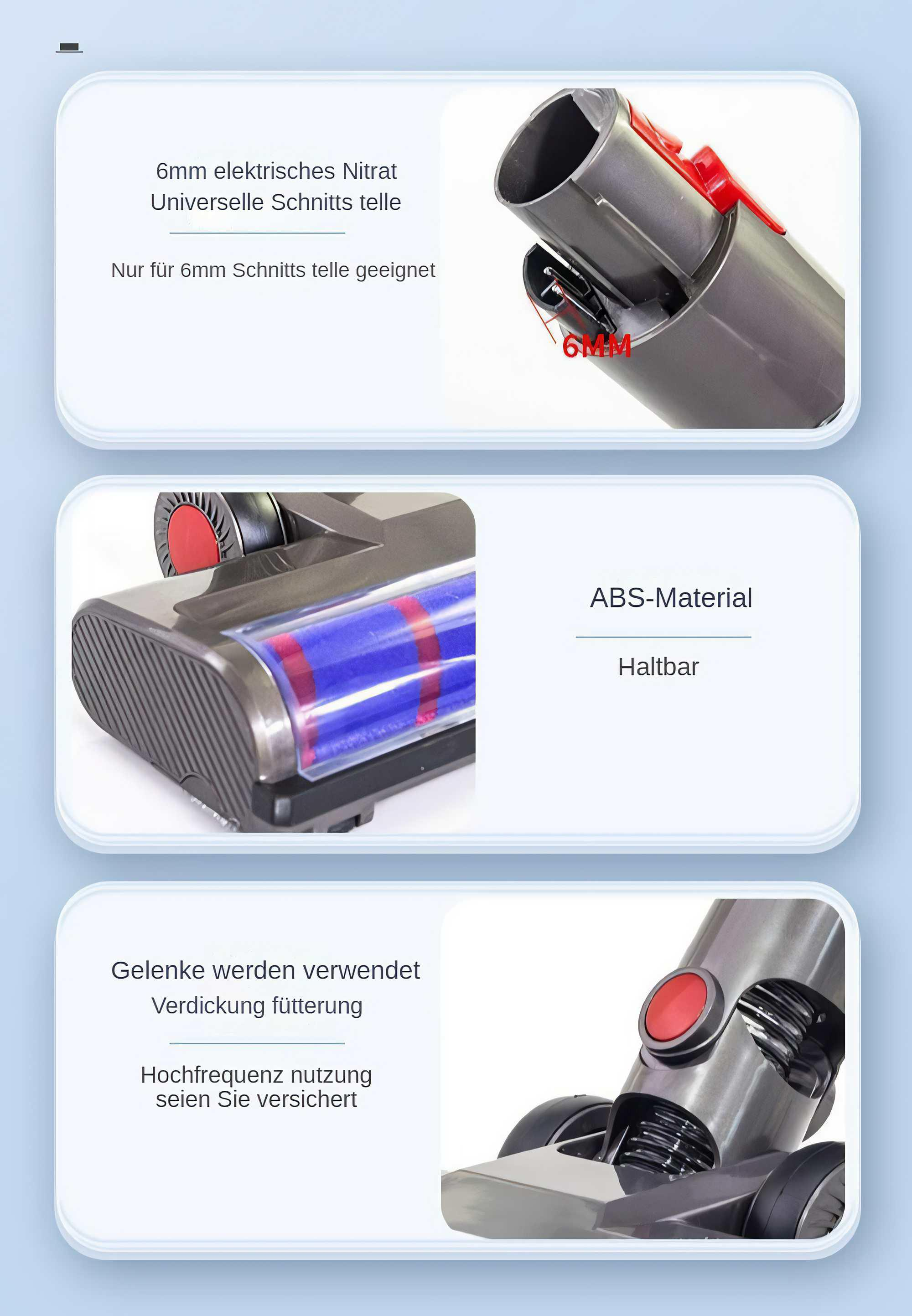 Das Bild zeigt einen Staubsauger mit Etiketten, darunter '6mm' und 'ABS-Material'. Details zur Konstruktion und den Funktionen.