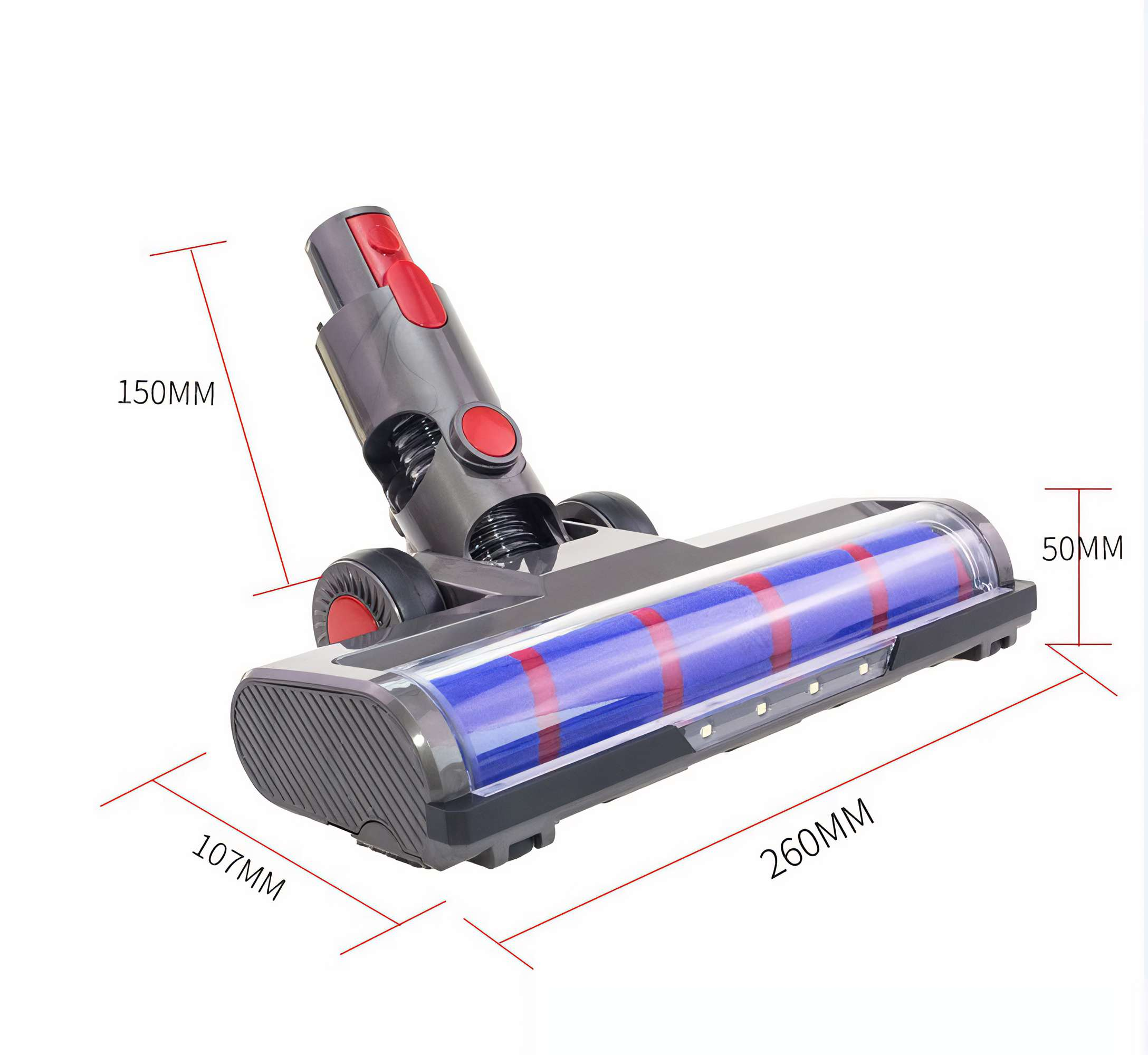 Ein Staubsaugerkopf wird gezeigt. Er ist grau, mit roten Akzenten. Die Abmessungen sind beschriftet: 150 mm, 107 mm, 260 mm und 50 mm.