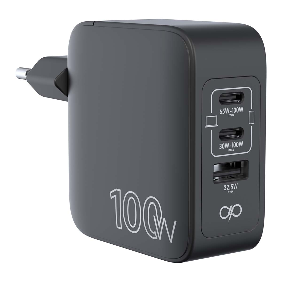 Un adattatore di alimentazione grigio scuro da 100W con più porte USB. Ha una spina europea e mostra i dettagli dell'alimentazione.