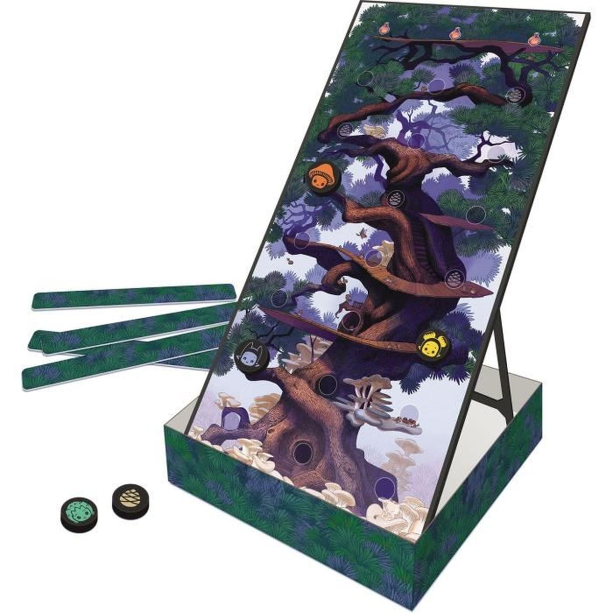 Brettspiel mit Baumdesign, Spielsteinen und grün-blauen Akzenten. Enthält Baumstamm, Plattformen und Pilzfiguren.