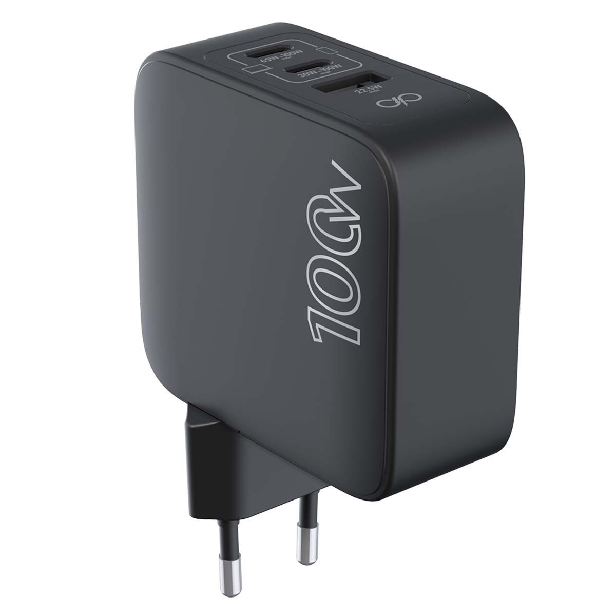 Un caricabatterie nero da 100W con tre porte USB. Il caricabatterie ha una spina e perni argentati per prese elettriche.