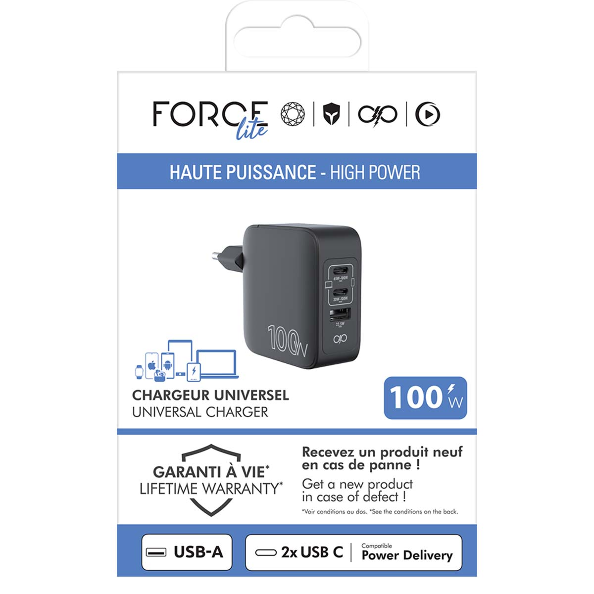 Un caricabatterie universale grigio su sfondo bianco, con testo e icone. Ha porte USB-A e 2x USB-C.