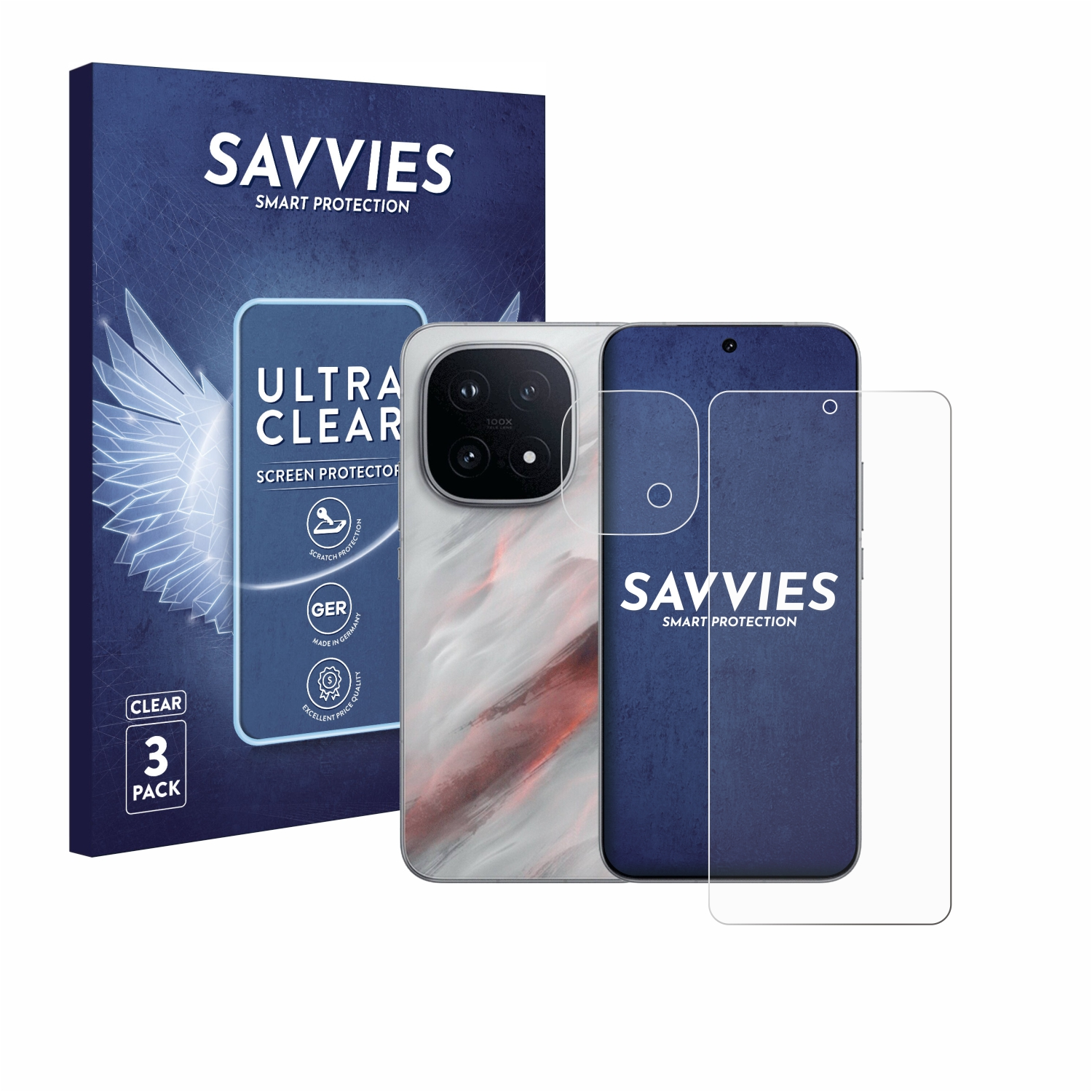 Ein Telefon mit Displayschutz, eine Schachtel mit Displayschutzfolien und eine Handyhülle, alle mit SAVVIES-Branding.