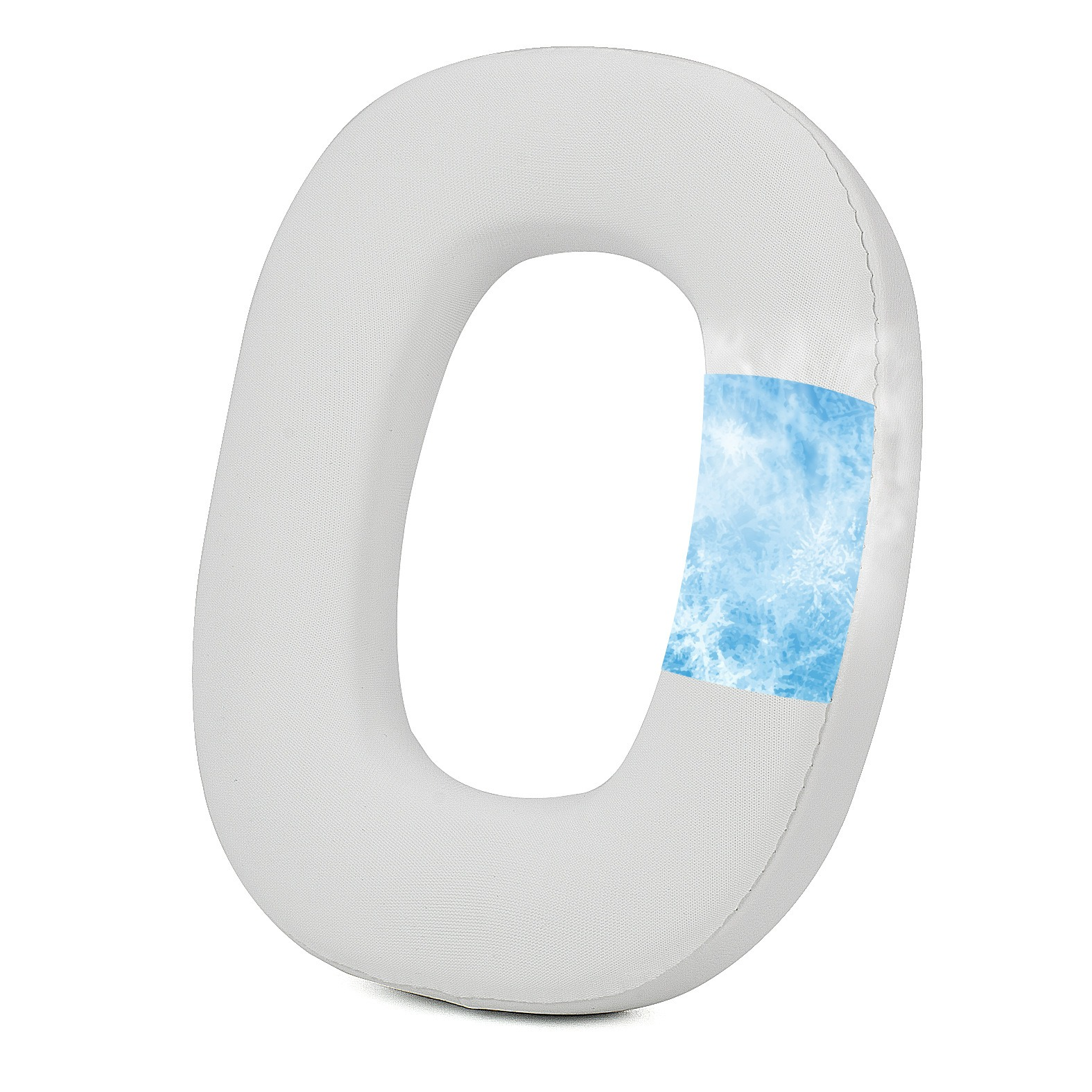 Un cuscinetto auricolare bianco a forma di ciambella con un motivo blu simile al ghiaccio sul lato.