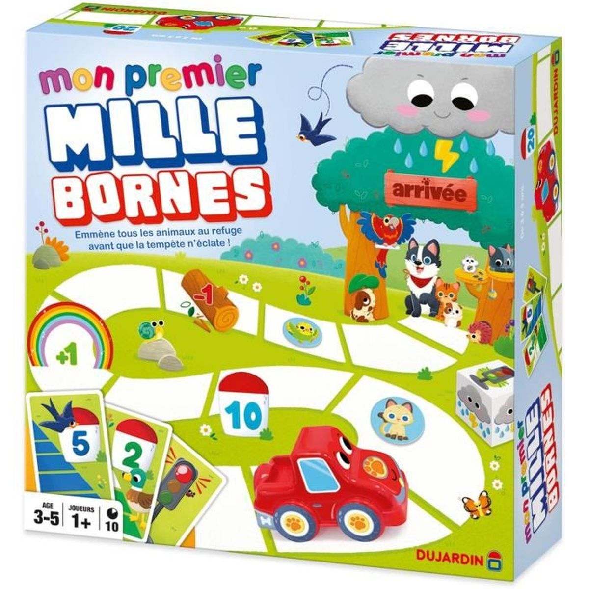 Una caja de juego con un coche rojo y personajes de animales. El título dice "Mon premier Mille Bornes". La escena muestra un camino con cartas.