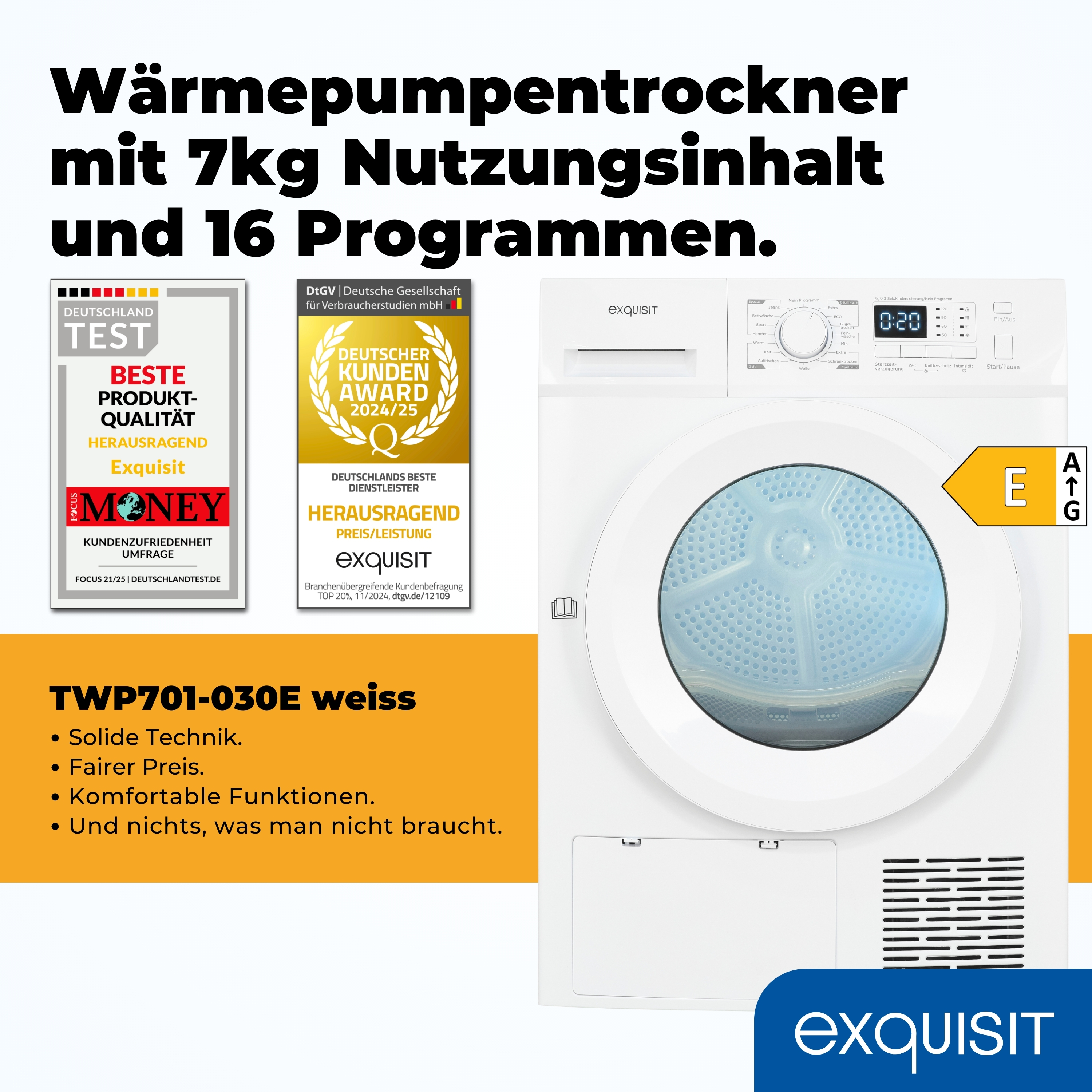 Ein weißer Exquisit-Wärmepumpentrockner. Er hat ein Bedienfeld mit Display, Knöpfen und Drehregler.