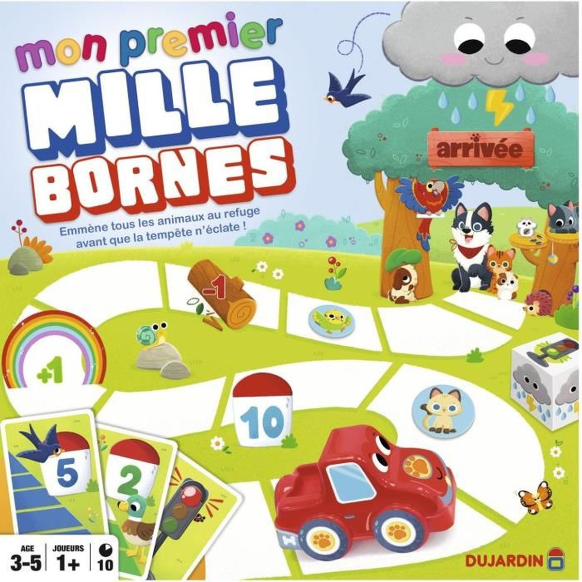 Un juego de mesa con un coche rojo, ilustraciones de animales y cartas. El título es 'Mon Premier Mille Bornes'.