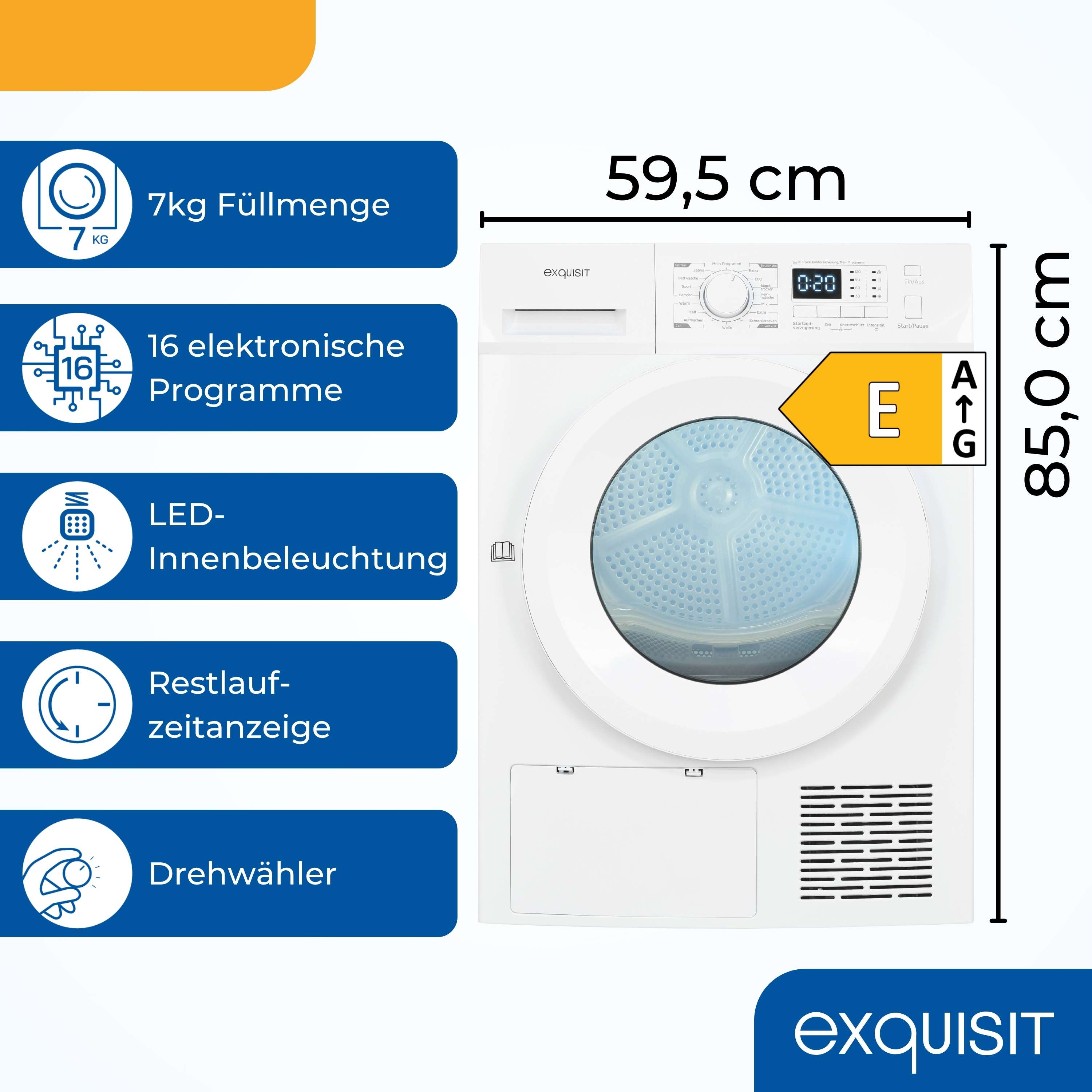 Ein weißer Exquisit-Trockner mit blauen Details, der Merkmale wie Kapazität und Programme zeigt.