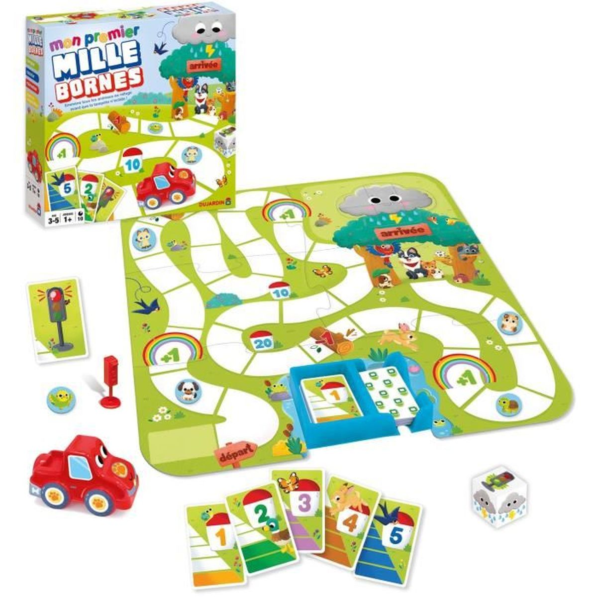 Un juego de mesa Mille Bornes con cartas, dados, un coche rojo y un tablero verde. La caja dice 'Mon premier Mille Bornes'.