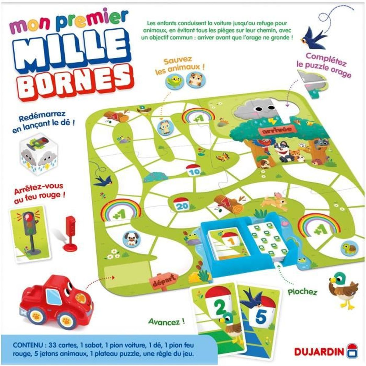 Un juego de mesa Mille Bornes. Incluye un coche rojo, cartas, dados, tablero con animales y un rompecabezas.