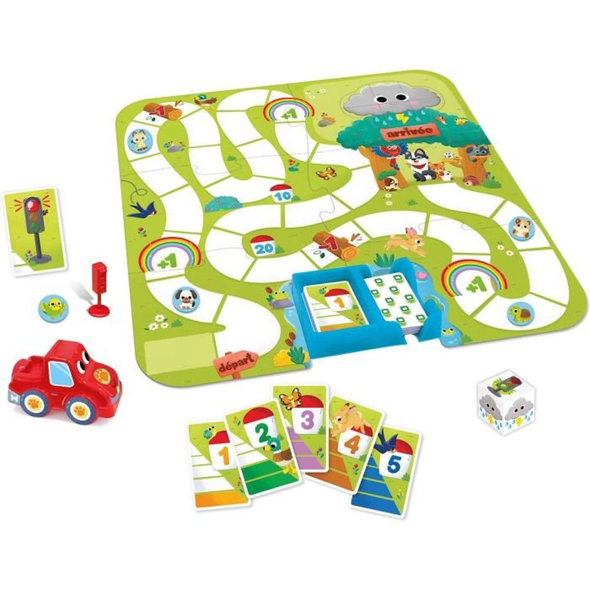 Juego de mesa con coche, cartas y dados. Tablero verde con camino, arcoíris, animales. Cartas numeradas 1-5. Coche rojo.
