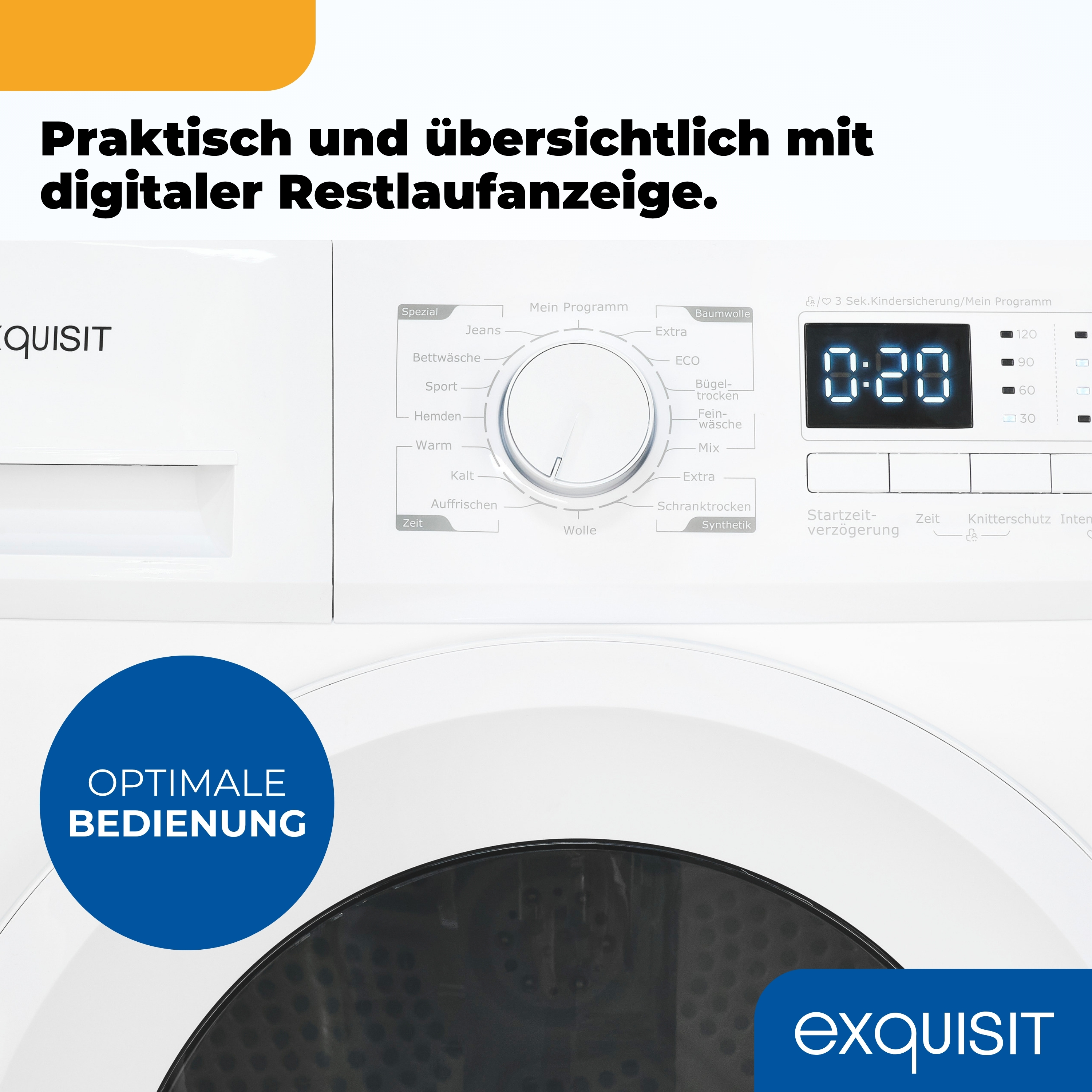 Waschmaschine mit Digitalanzeige, die 0:20 anzeigt. Sie hat Programmoptionen und einen blauen runden Knopf mit der Aufschrift OPTIMALE BEDIENUNG.