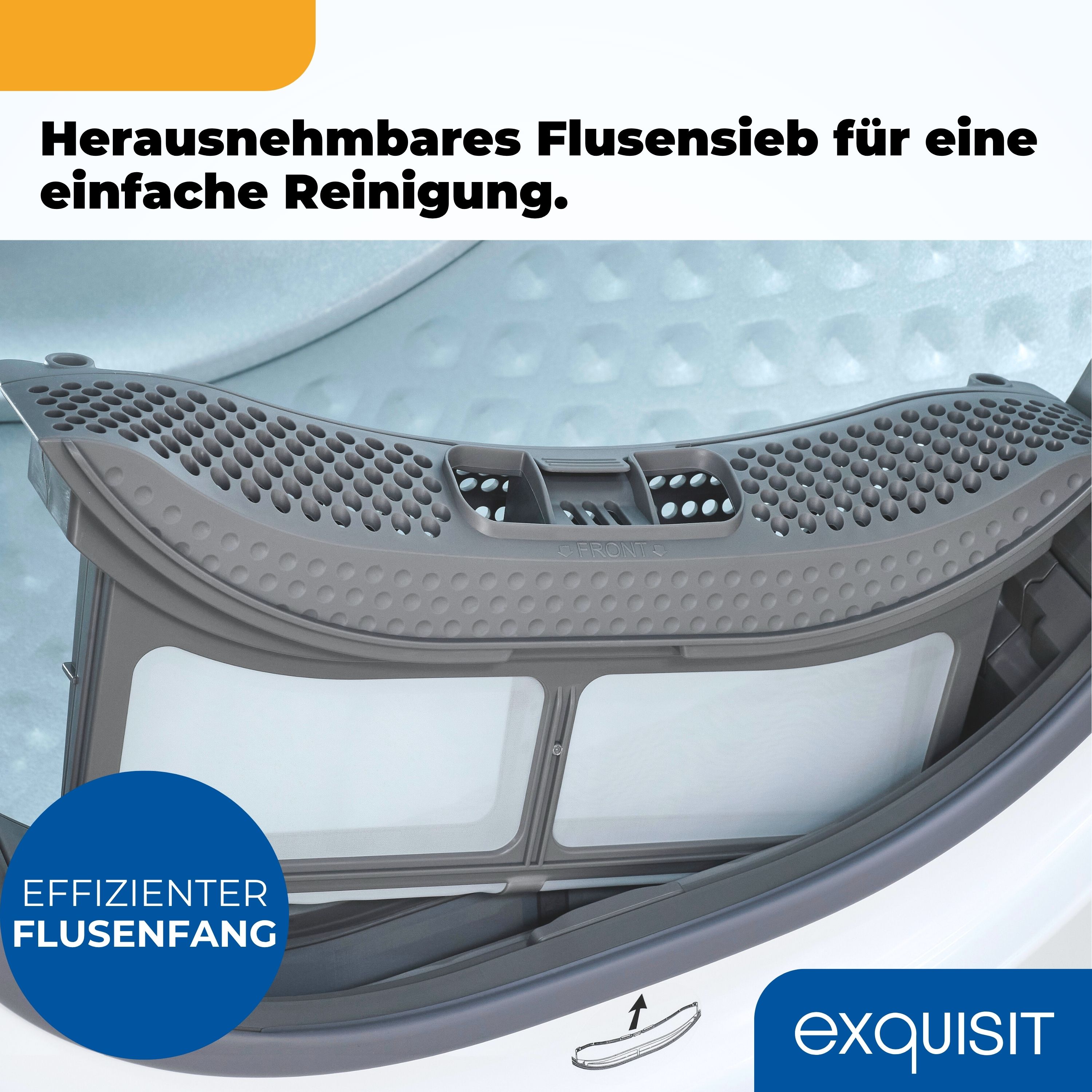 Ein grauer Flusenfilter eines Trockners ist geöffnet und zeigt seine innere Struktur. Ein blauer Kreis zeigt Text.
