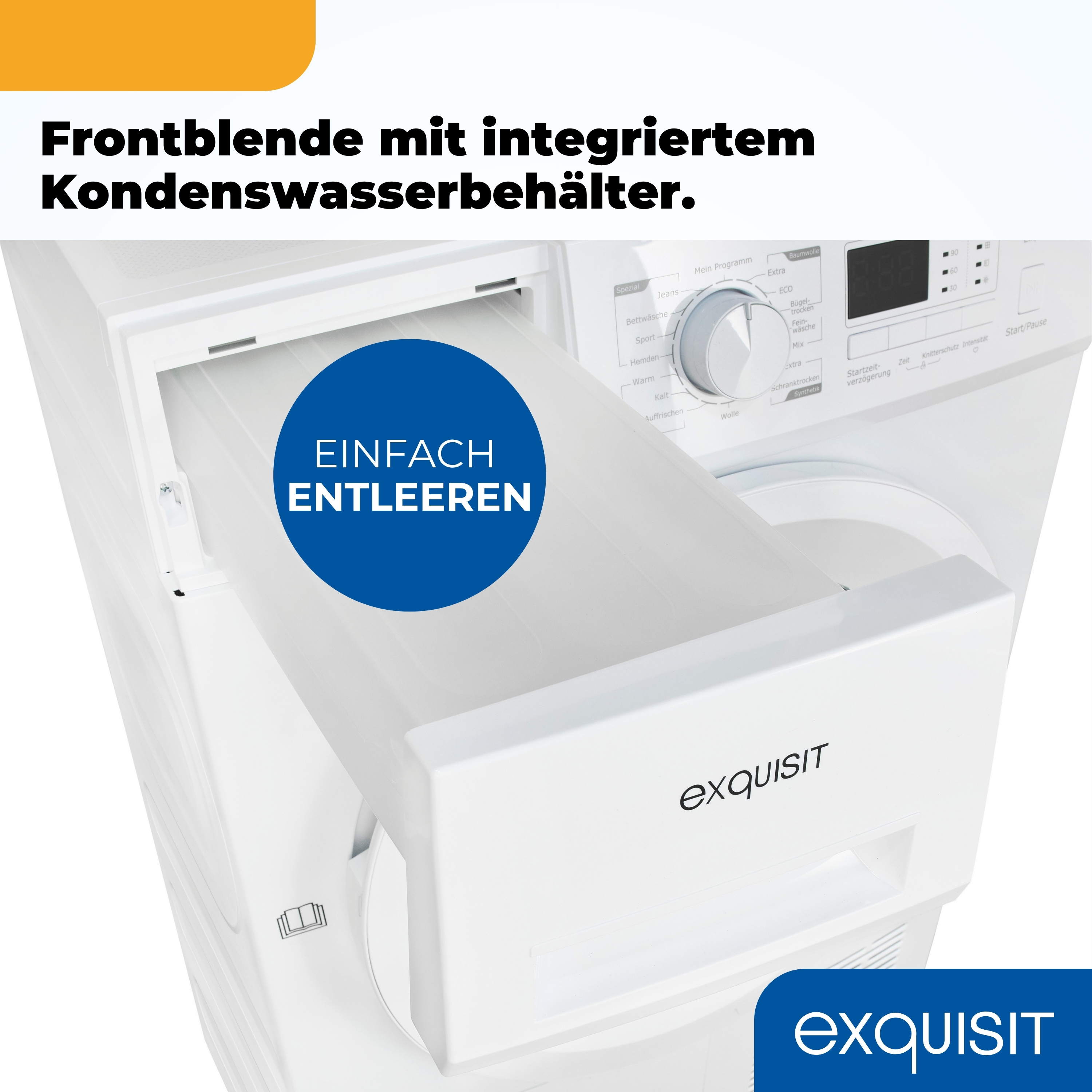 Weißer Trockner mit geöffnetem Wasserbehälter. Text lautet 'Einfach Entleeren'. Weißer Hintergrund, gelber Balken oben.
