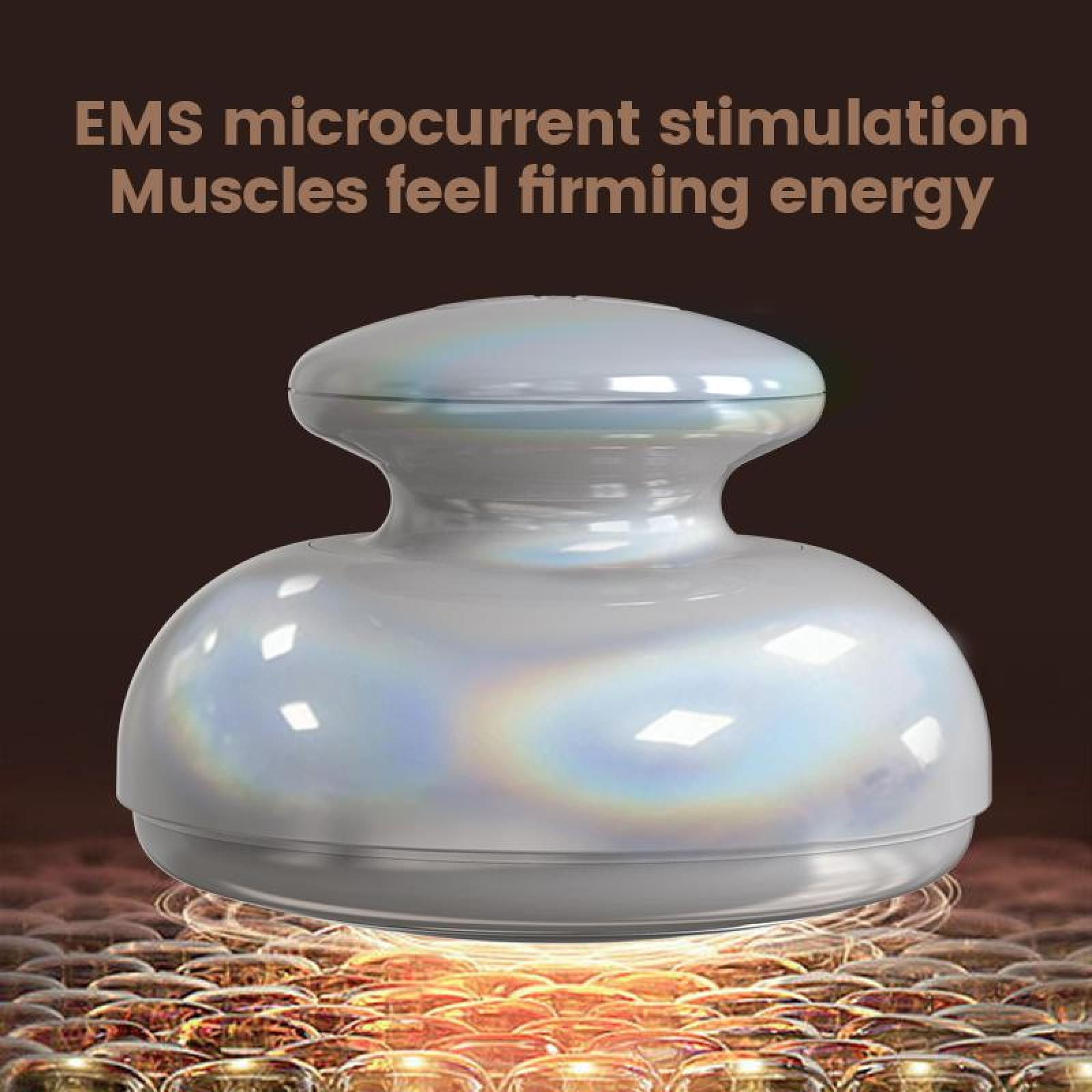 Ein weißes Gerät mit dem Text 'EMS Mikro-Stromstimulation' auf braunem Hintergrund. Das Gerät hat einen Perlglanzeffekt.