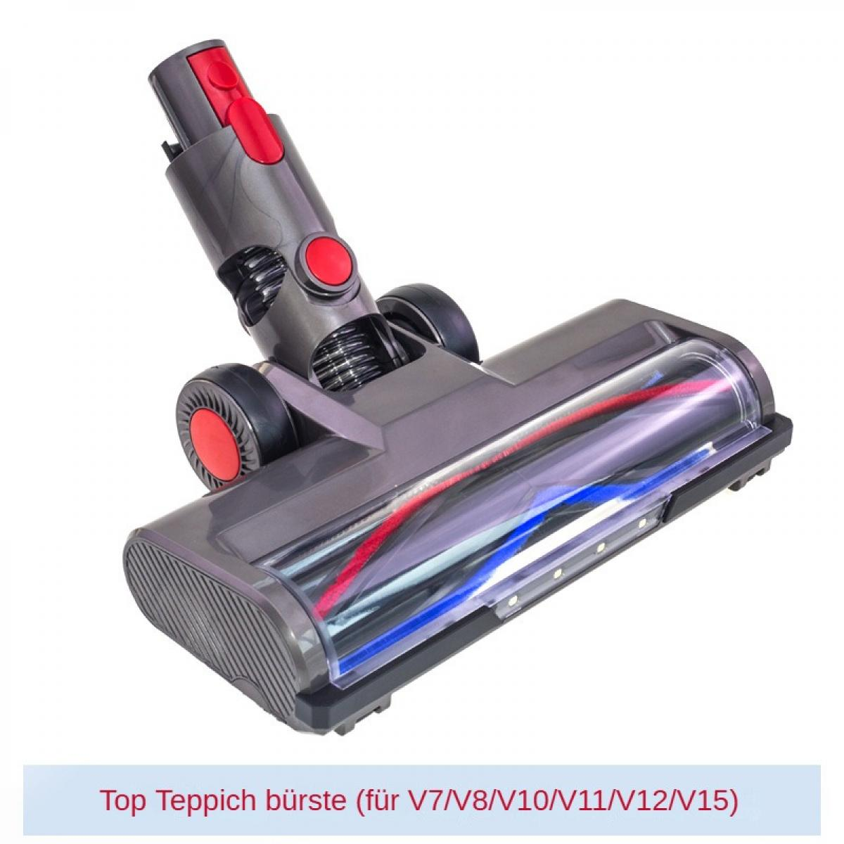 Grauer Staubsaugerkopf mit roten und blauen Innenbürsten. Rote Knöpfe und schwarze Räder sind sichtbar. Text: 'Top Teppich bürste'.