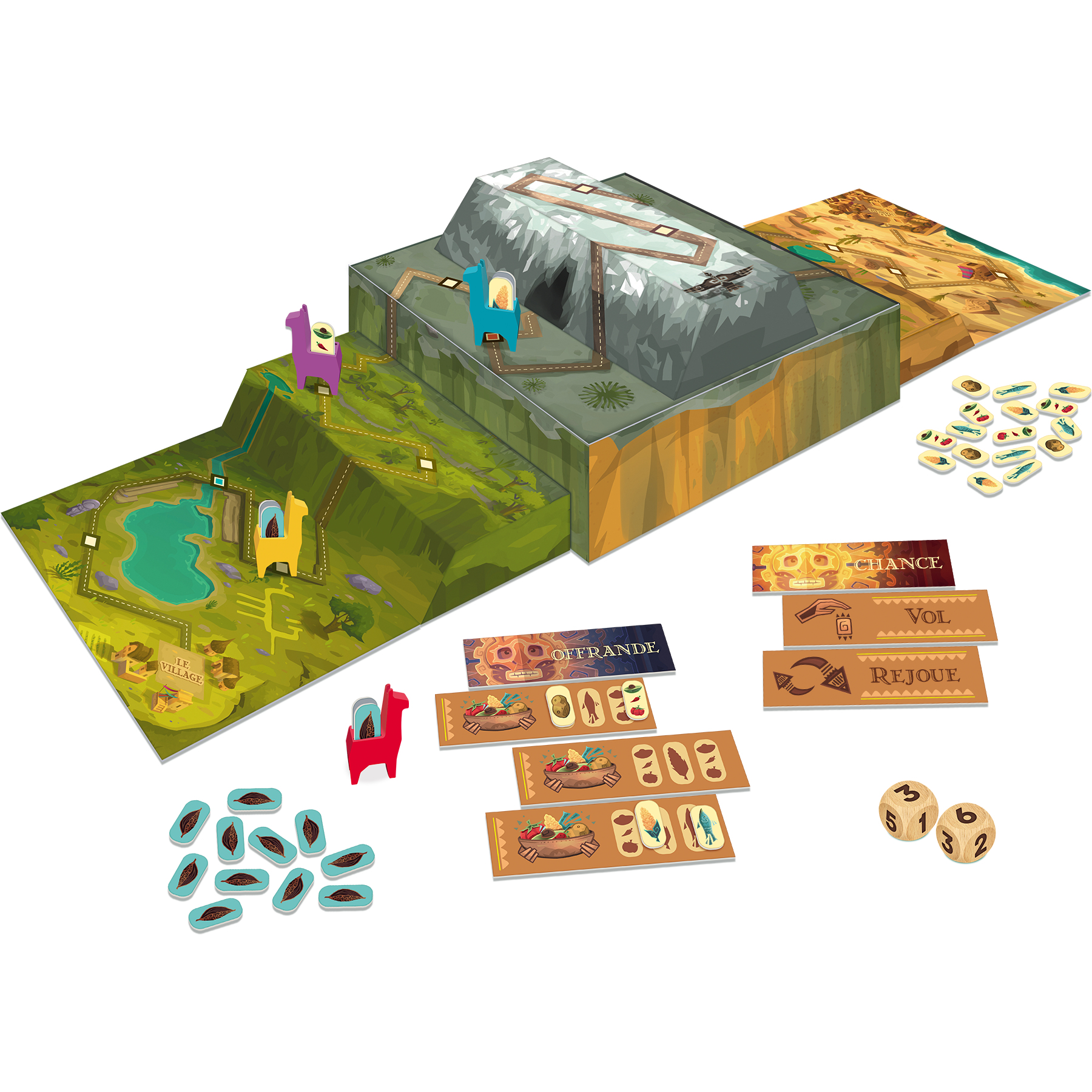 Bordspel met lama-figuren, dobbelstenen, kaarten en terreindelen. Bevat bergen, water en diverse tokens.