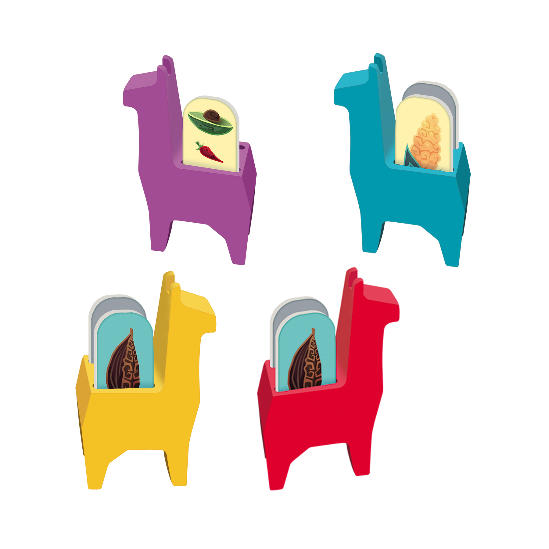 Vier kleurrijke spelstukken in de vorm van een lama. Elk heeft een ander oogsticoon: avocado, maïs, cacaoboon en chilipeper.