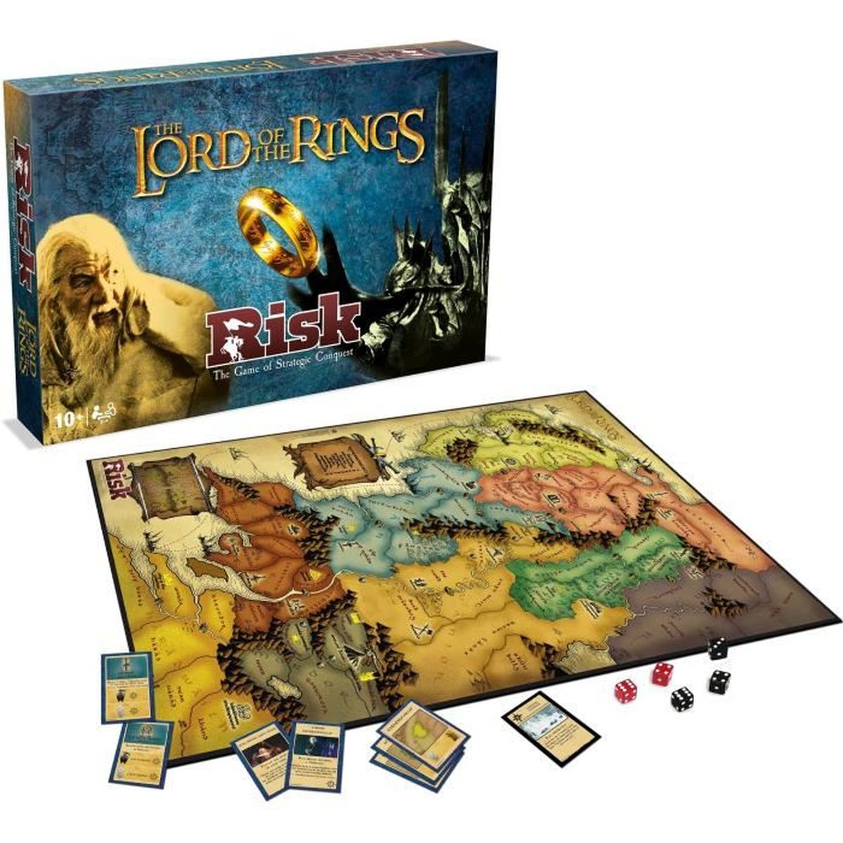 De Lord of the Rings Risk bordspelset met doos, spelbord, kaarten, dobbelstenen en pionnen. De doos staat op de achtergrond.