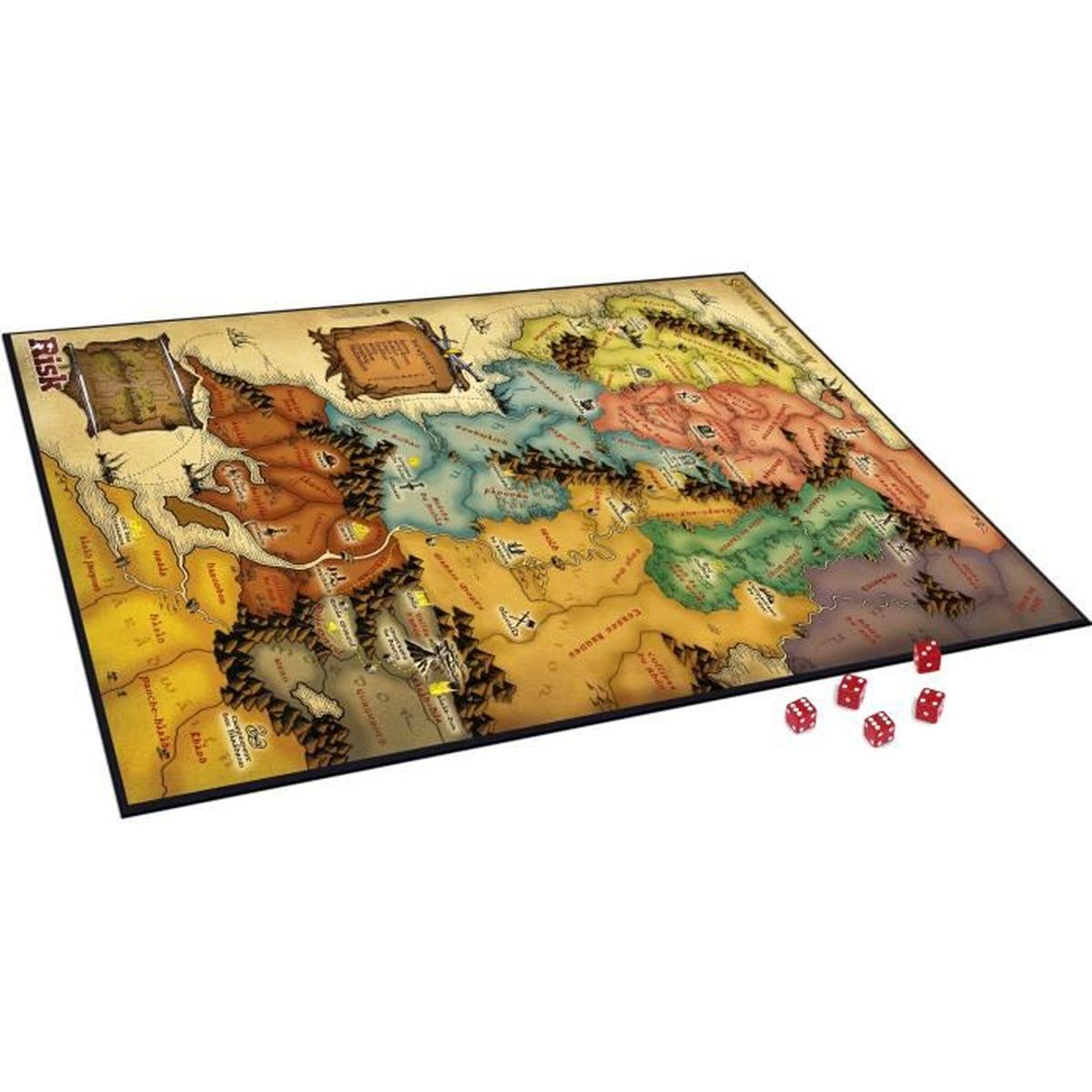 Een Risk bordspel. Het bord toont een kaart met gekleurde gebieden. Zes rode dobbelstenen liggen verspreid op de tafel naast het bord.