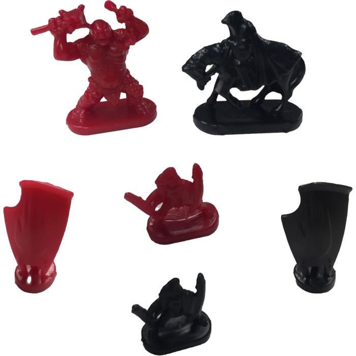 Afbeelding toont rode en zwarte spelstukken. Een rode figuur met een bijl, een zwarte ruiter op een paard, schilden en andere figuren zijn zichtbaar.